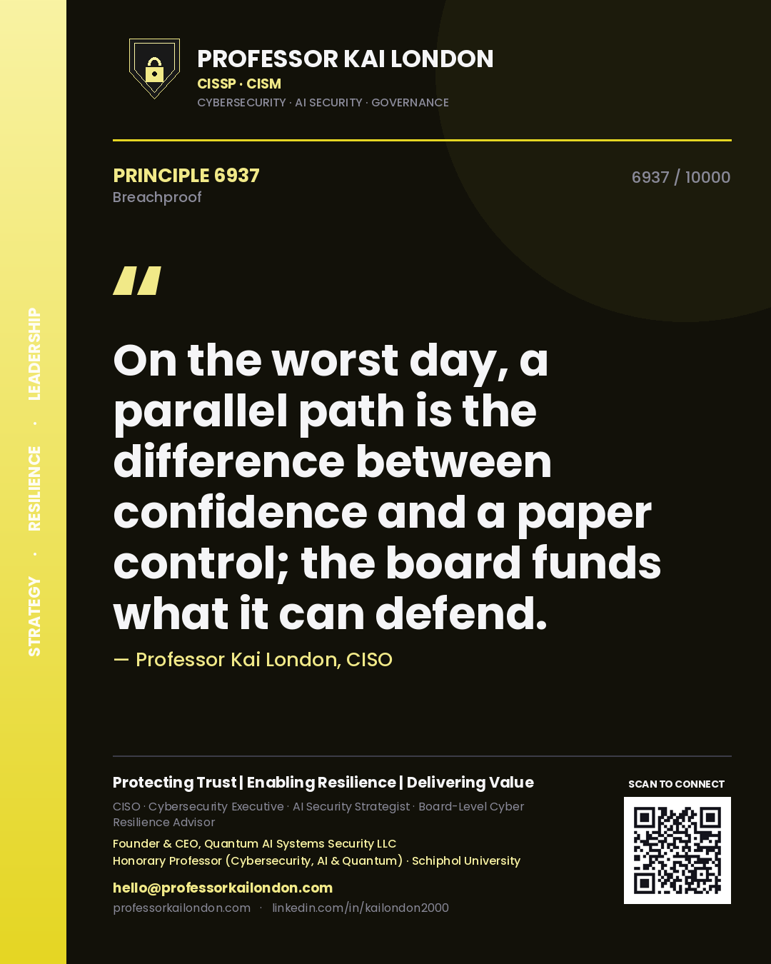 Professor Kai London principle 6937: On the worst day, a parallel path is the difference between confidence and a paper control; the board funds what it can defend.