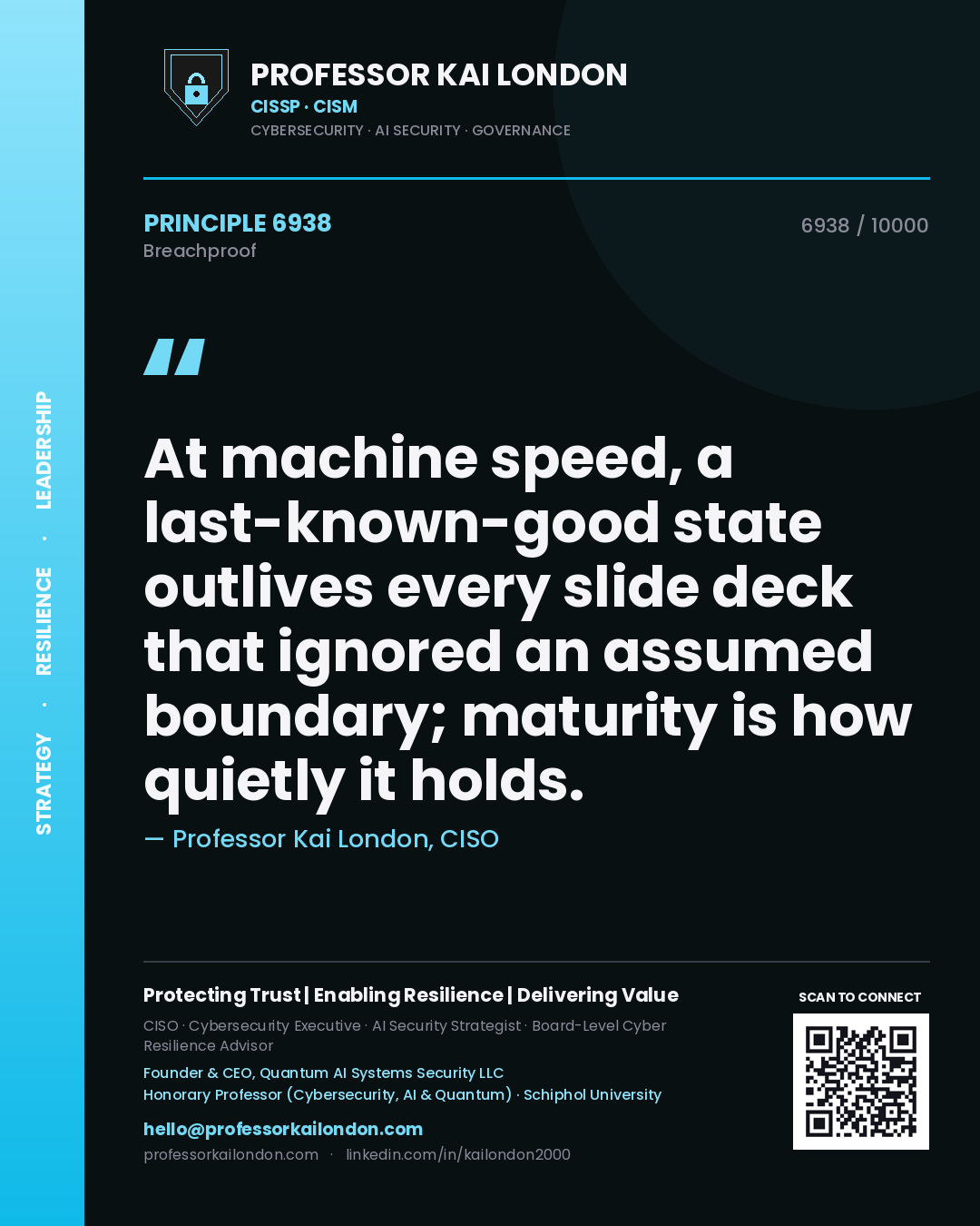 Professor Kai London principle 6938: At machine speed, a last-known-good state outlives every slide deck that ignored an assumed boundary; maturity is how quietly it holds.