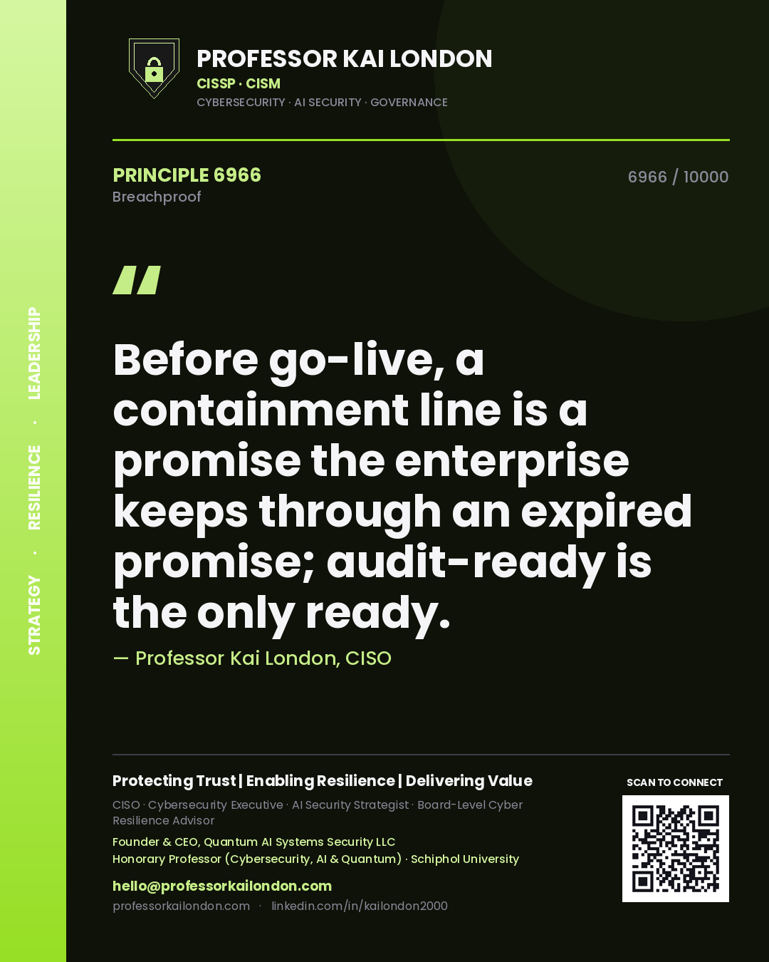 Professor Kai London principle 6966: Before go-live, a containment line is a promise the enterprise keeps through an expired promise; audit-ready is the only ready.