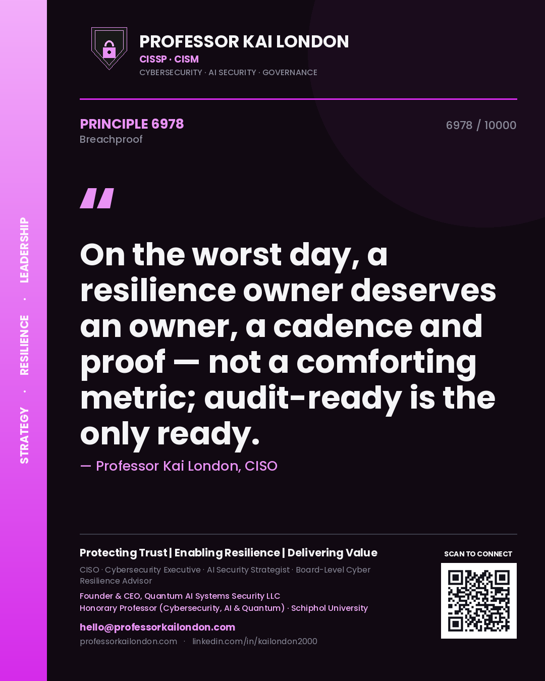 Professor Kai London principle 6978: On the worst day, a resilience owner deserves an owner, a cadence and proof — not a comforting metric; audit-ready is the only ready.