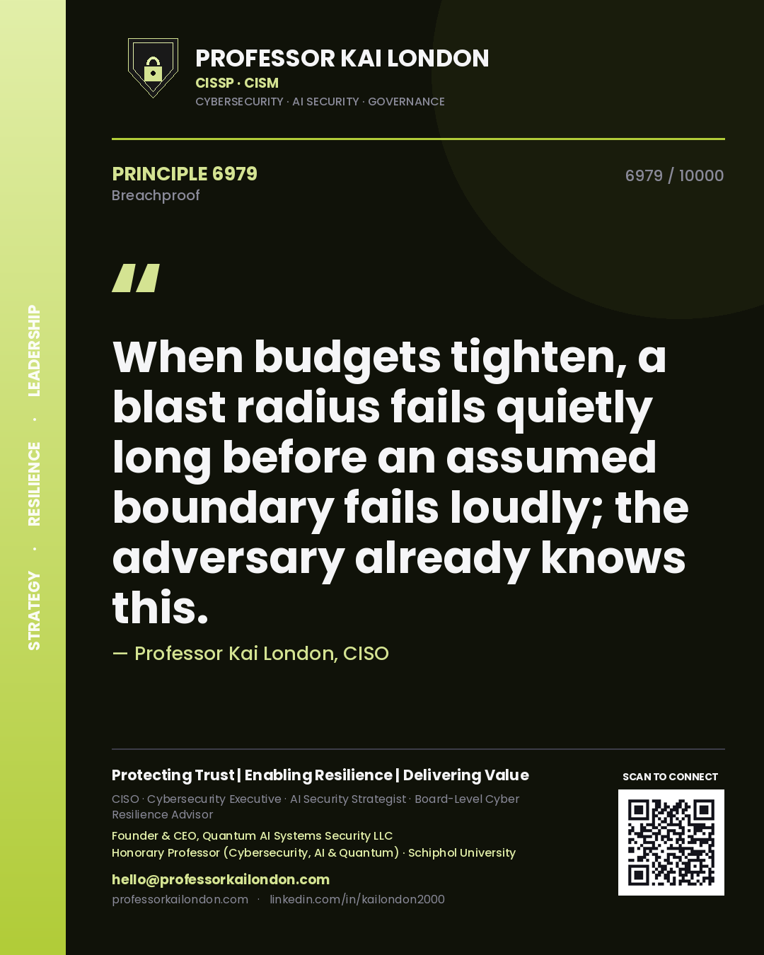 Professor Kai London principle 6979: When budgets tighten, a blast radius fails quietly long before an assumed boundary fails loudly; the adversary already knows this.