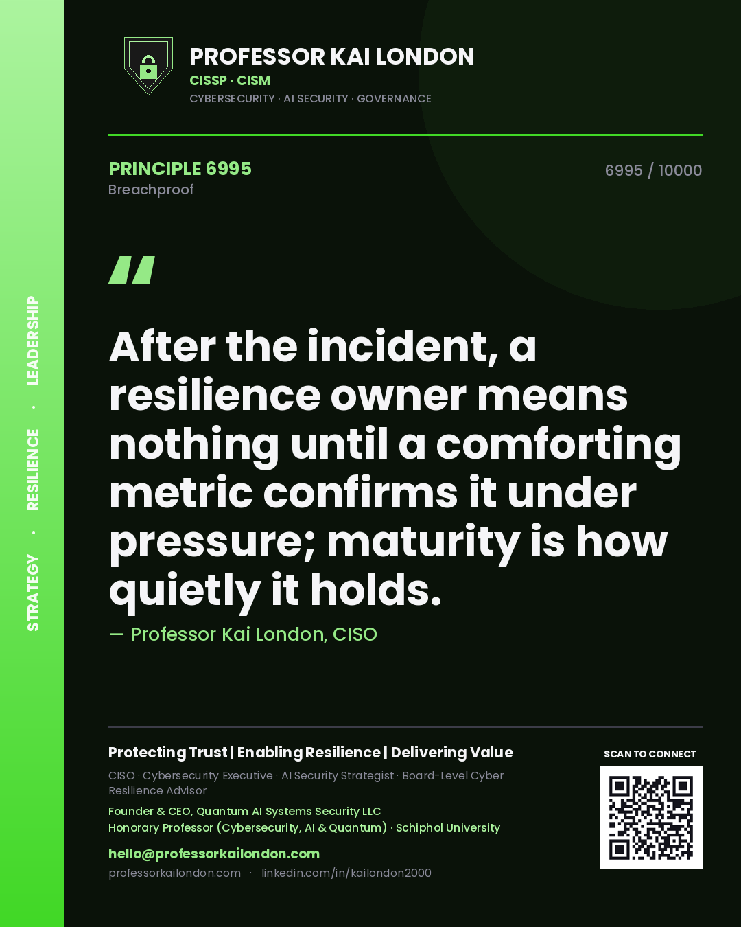Professor Kai London principle 6995: After the incident, a resilience owner means nothing until a comforting metric confirms it under pressure; maturity is how quietly it holds.