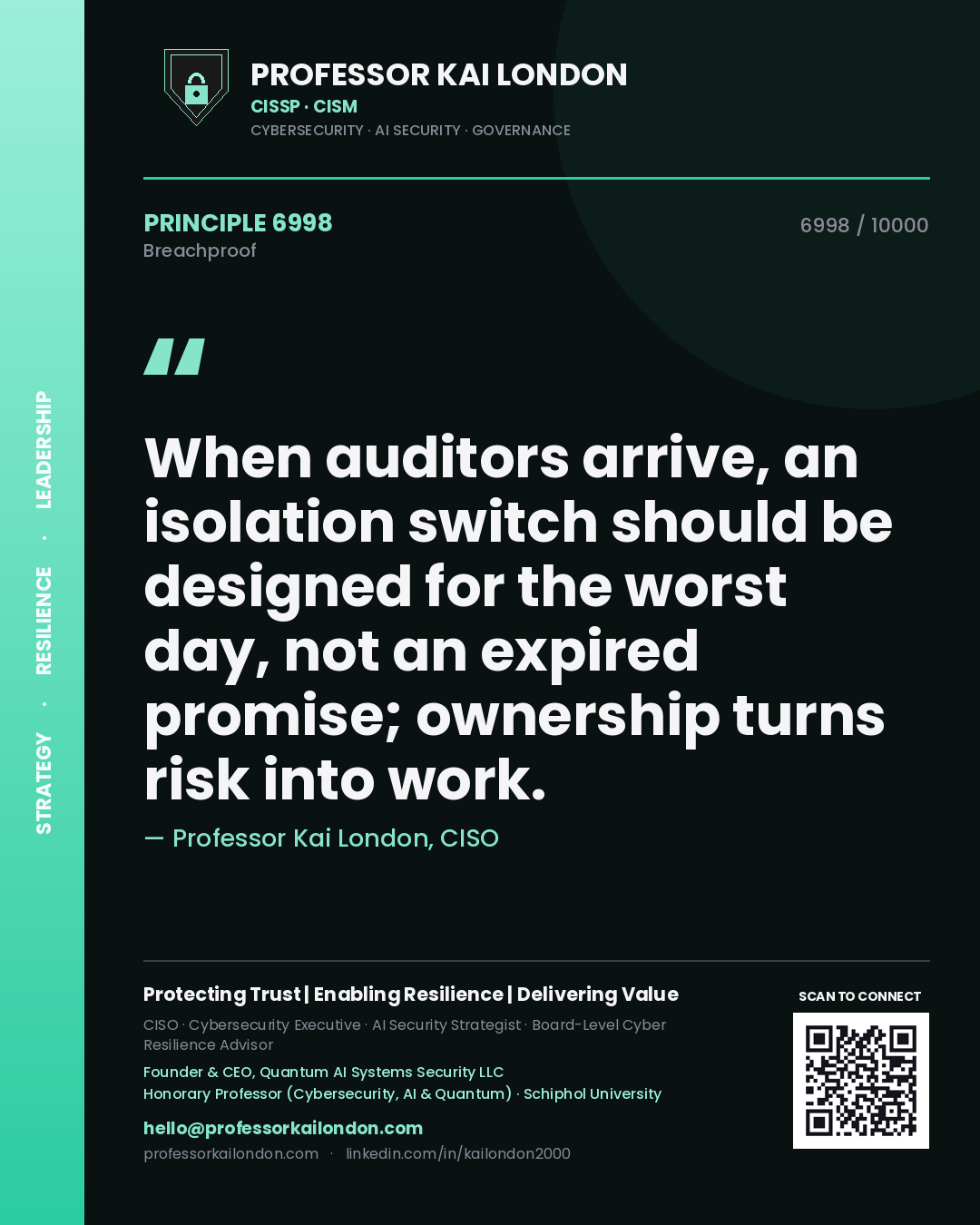 Professor Kai London principle 6998: When auditors arrive, an isolation switch should be designed for the worst day, not an expired promise; ownership turns risk into work.