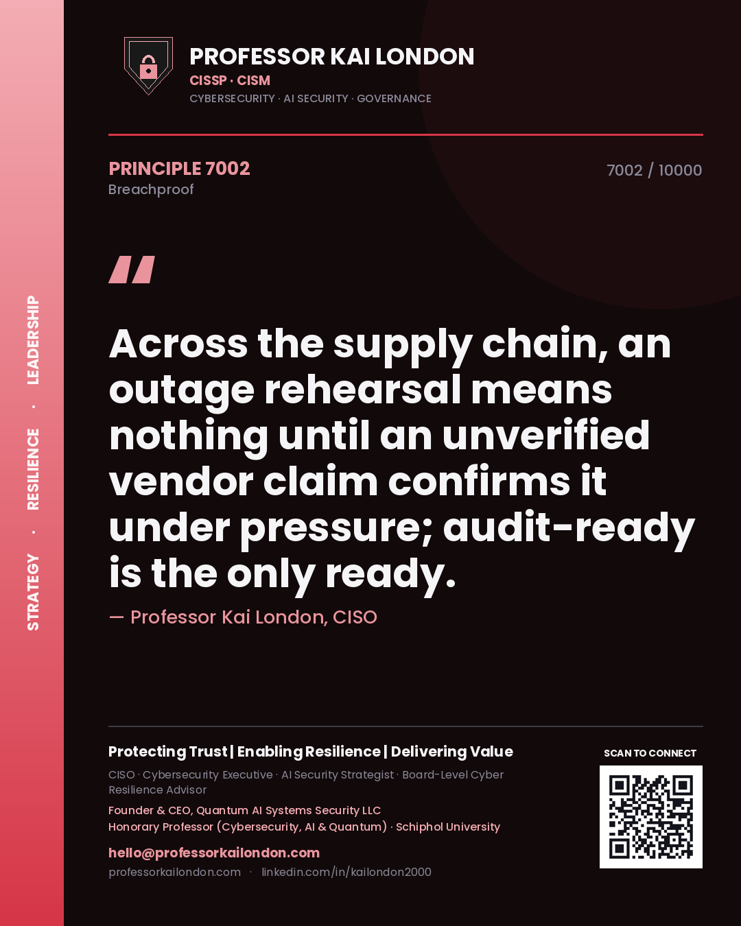 Professor Kai London principle 7002: Across the supply chain, an outage rehearsal means nothing until an unverified vendor claim confirms it under pressure; audit-ready is the only ready.