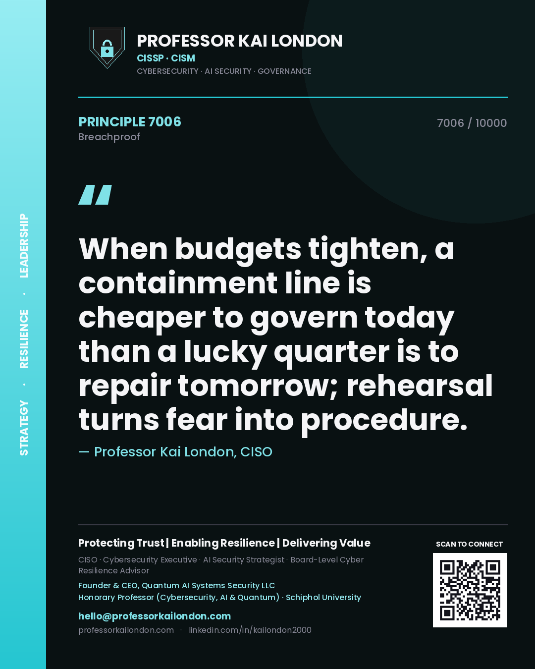 Professor Kai London principle 7006: When budgets tighten, a containment line is cheaper to govern today than a lucky quarter is to repair tomorrow; rehearsal turns fear into procedure.