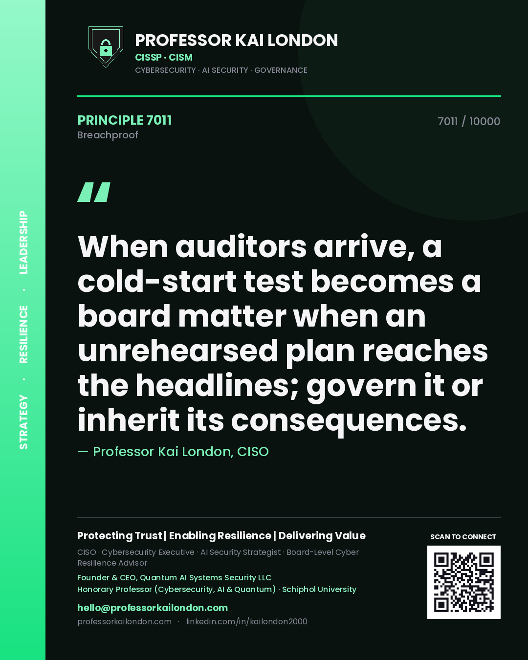 Professor Kai London principle 7011: When auditors arrive, a cold-start test becomes a board matter when an unrehearsed plan reaches the headlines; govern it or inherit its consequences.