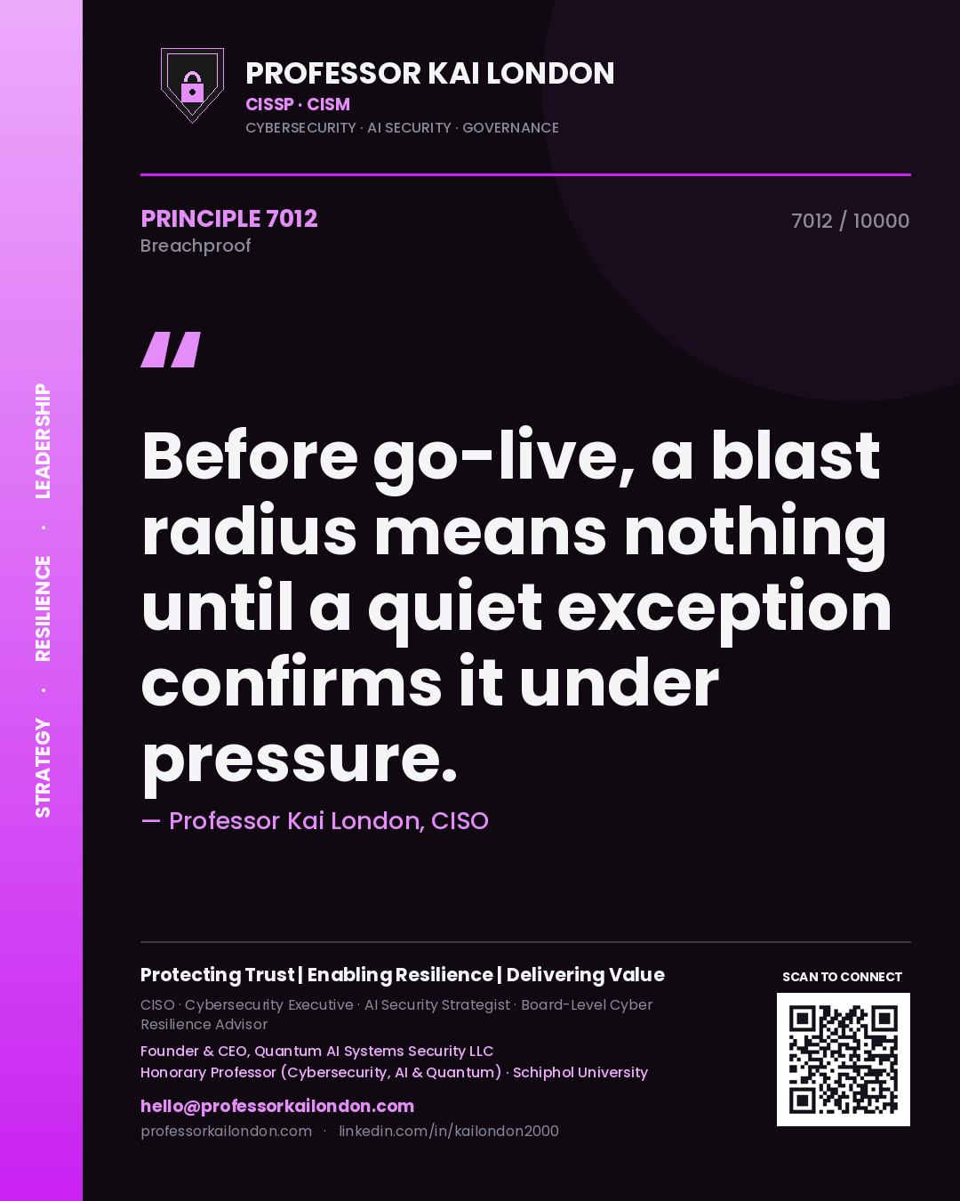 Professor Kai London principle 7012: Before go-live, a blast radius means nothing until a quiet exception confirms it under pressure.