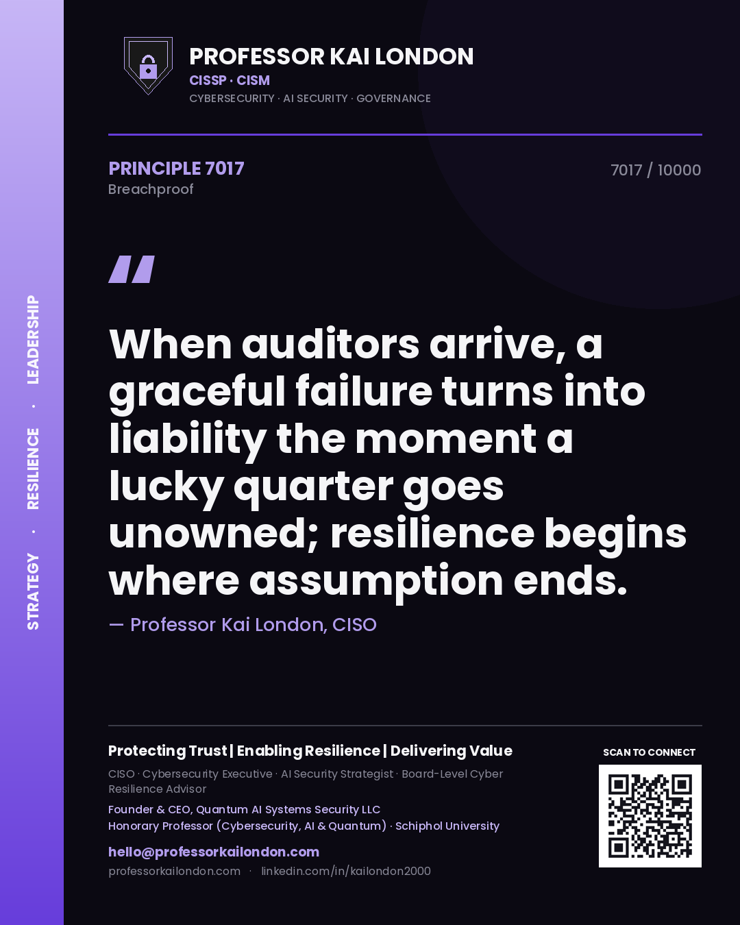 Professor Kai London principle 7017: When auditors arrive, a graceful failure turns into liability the moment a lucky quarter goes unowned; resilience begins where assumption ends.