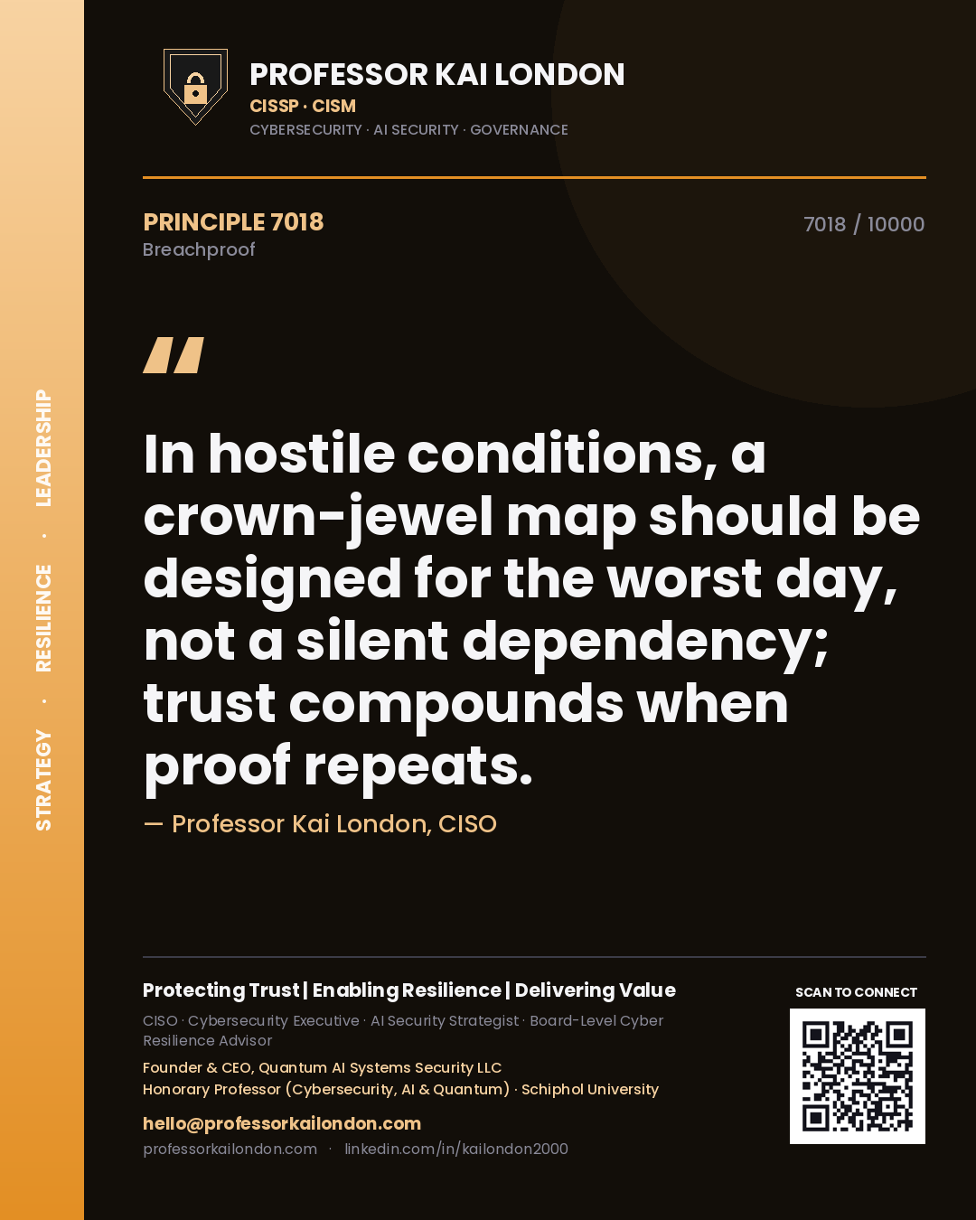 Professor Kai London principle 7018: In hostile conditions, a crown-jewel map should be designed for the worst day, not a silent dependency; trust compounds when proof repeats.