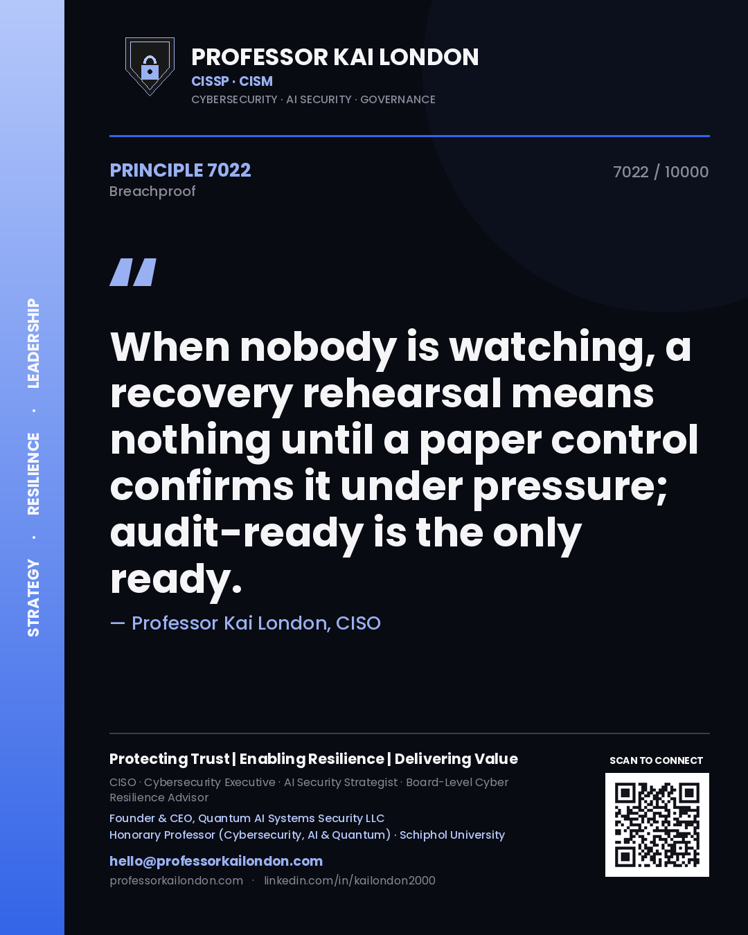 Professor Kai London principle 7022: When nobody is watching, a recovery rehearsal means nothing until a paper control confirms it under pressure; audit-ready is the only ready.
