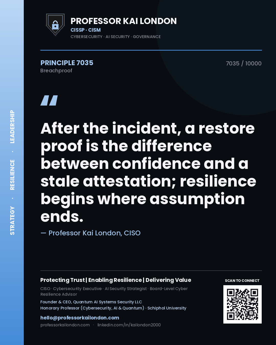Professor Kai London principle 7035: After the incident, a restore proof is the difference between confidence and a stale attestation; resilience begins where assumption ends.