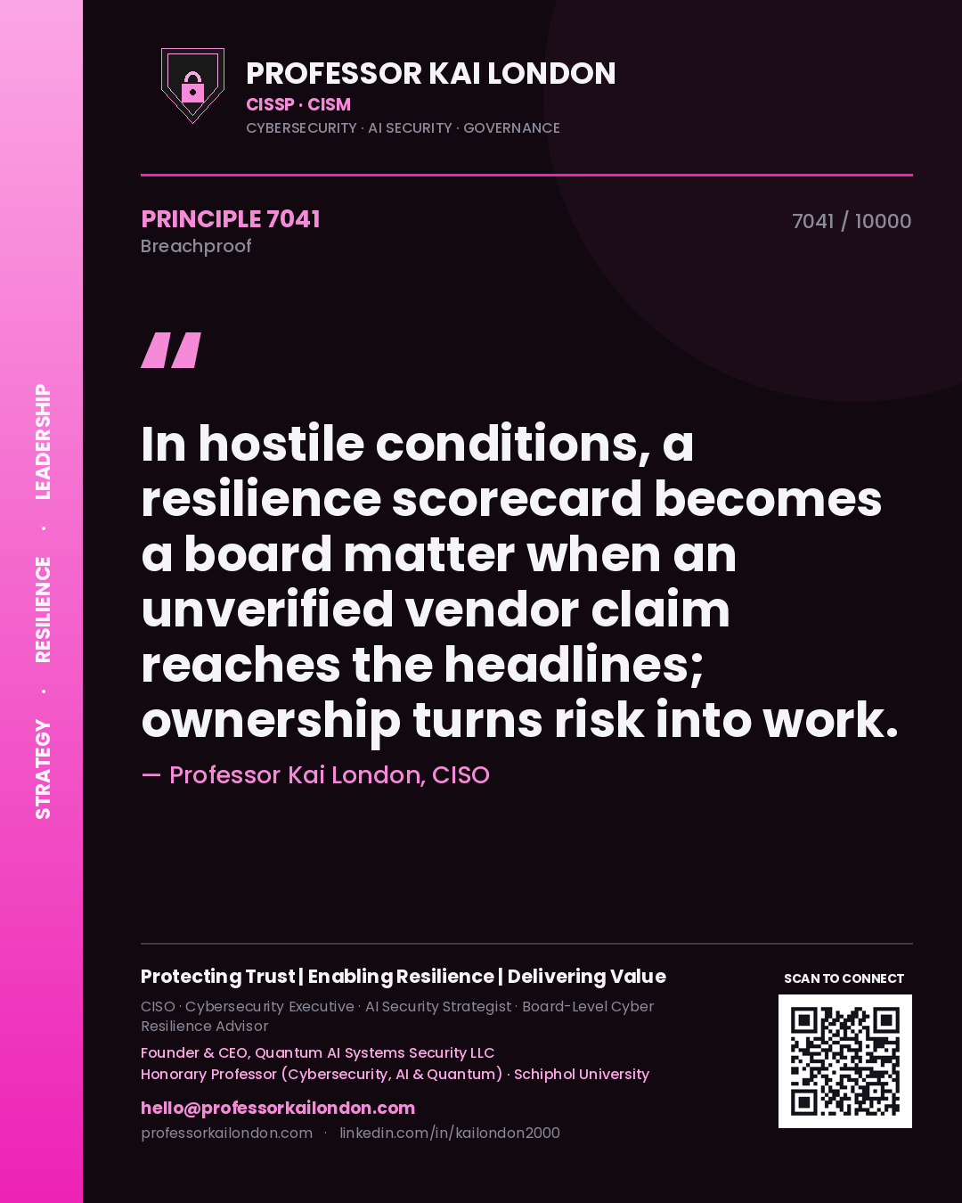 Professor Kai London principle 7041: In hostile conditions, a resilience scorecard becomes a board matter when an unverified vendor claim reaches the headlines; ownership turns risk into work.