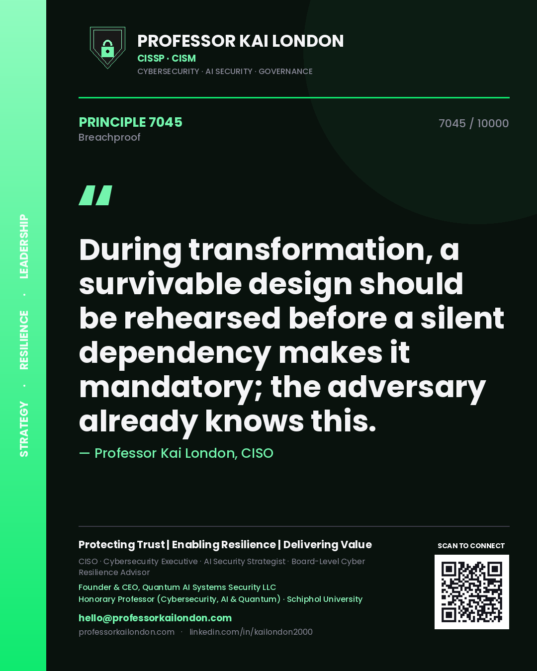 Professor Kai London principle 7045: During transformation, a survivable design should be rehearsed before a silent dependency makes it mandatory; the adversary already knows this.