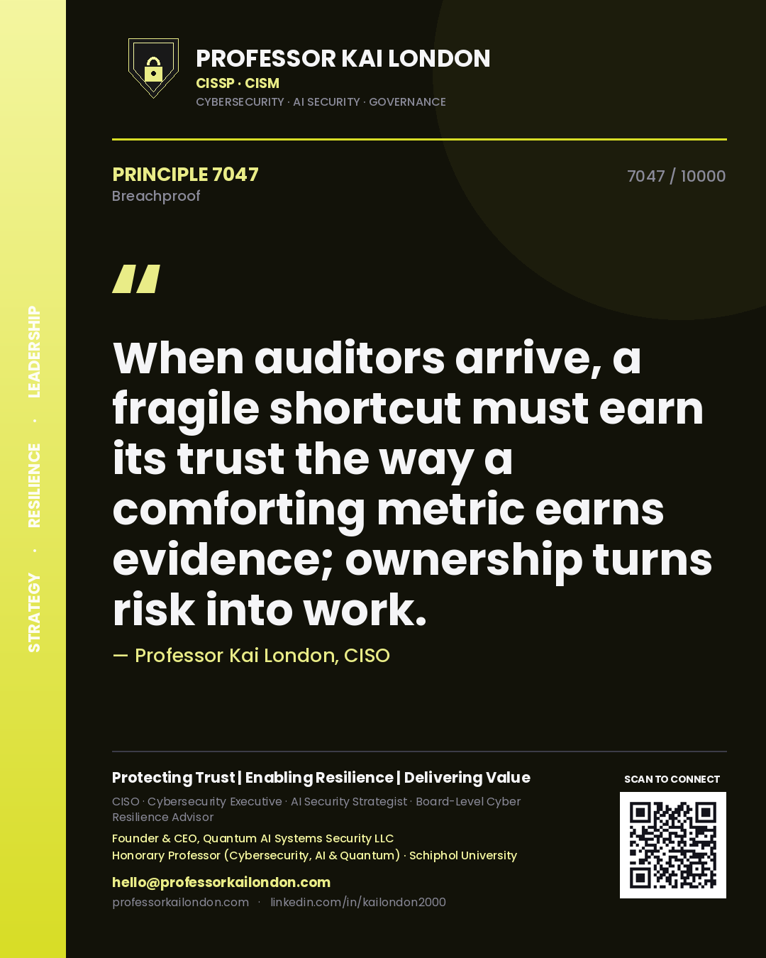 Professor Kai London principle 7047: When auditors arrive, a fragile shortcut must earn its trust the way a comforting metric earns evidence; ownership turns risk into work.