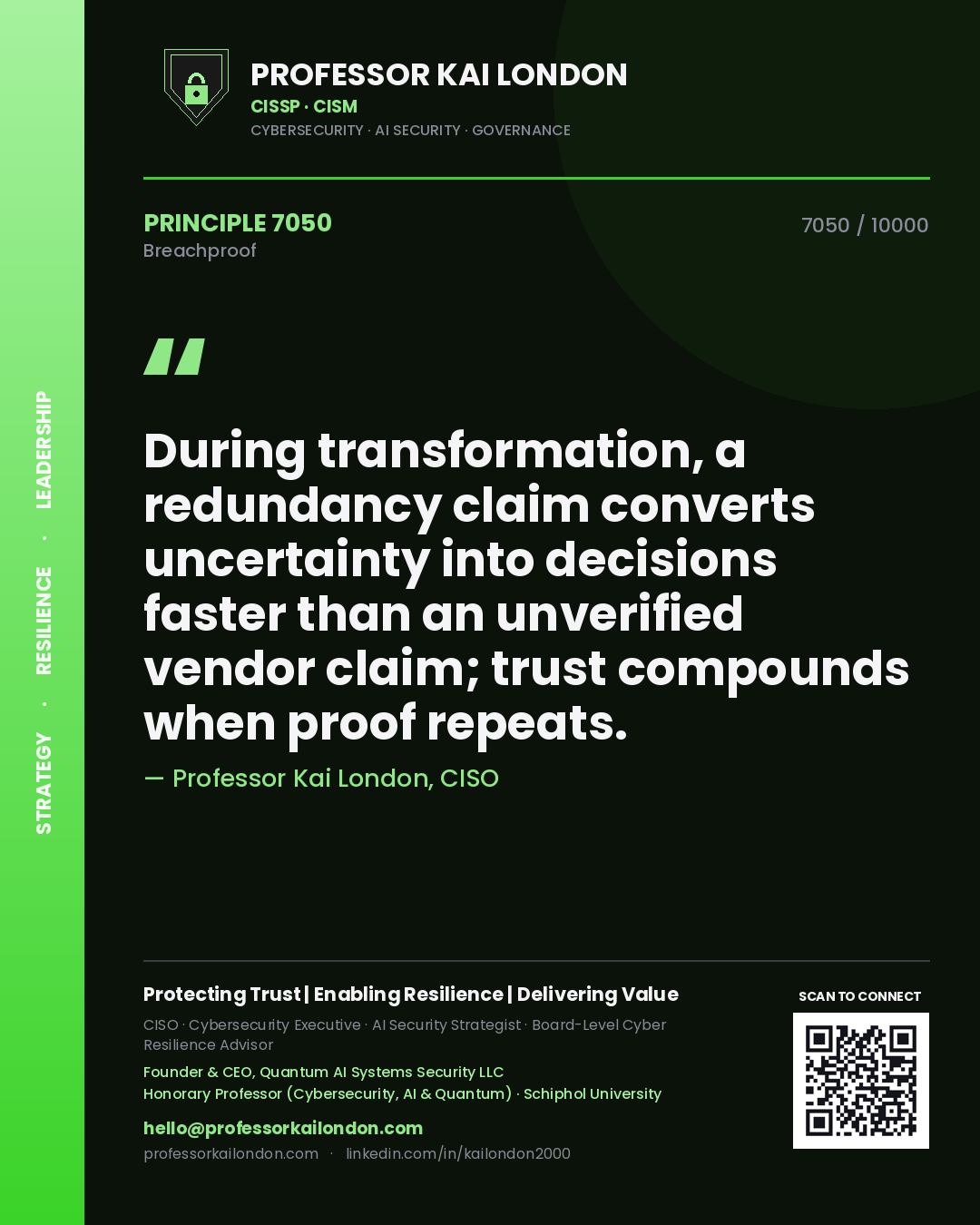 Professor Kai London principle 7050: During transformation, a redundancy claim converts uncertainty into decisions faster than an unverified vendor claim; trust compounds when proof repeats.