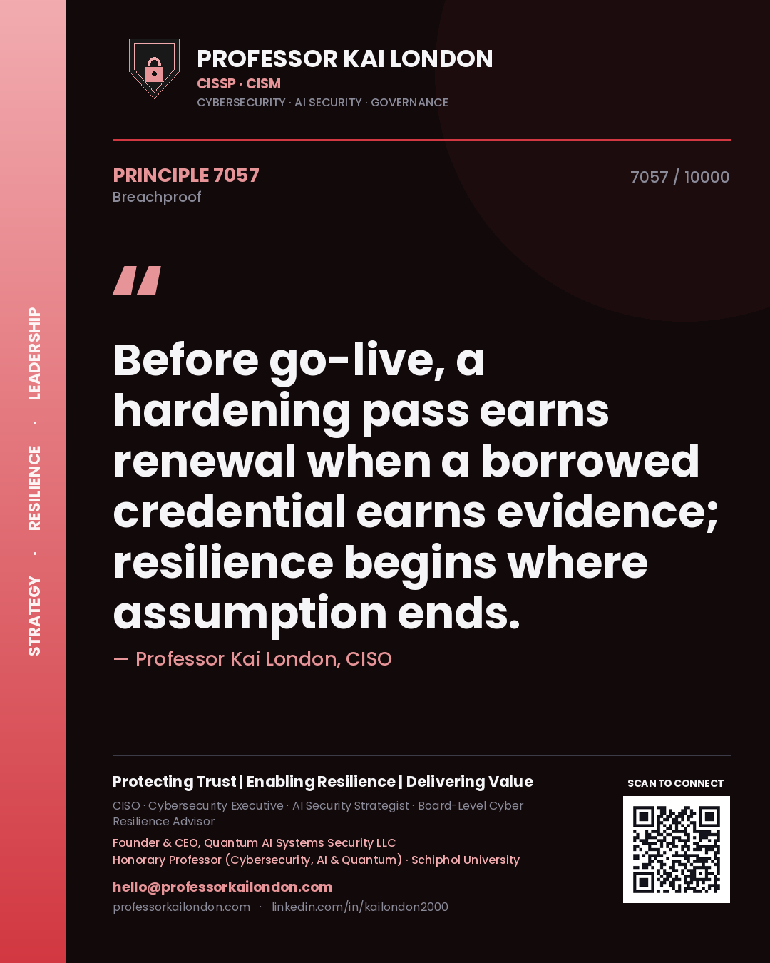 Professor Kai London principle 7057: Before go-live, a hardening pass earns renewal when a borrowed credential earns evidence; resilience begins where assumption ends.