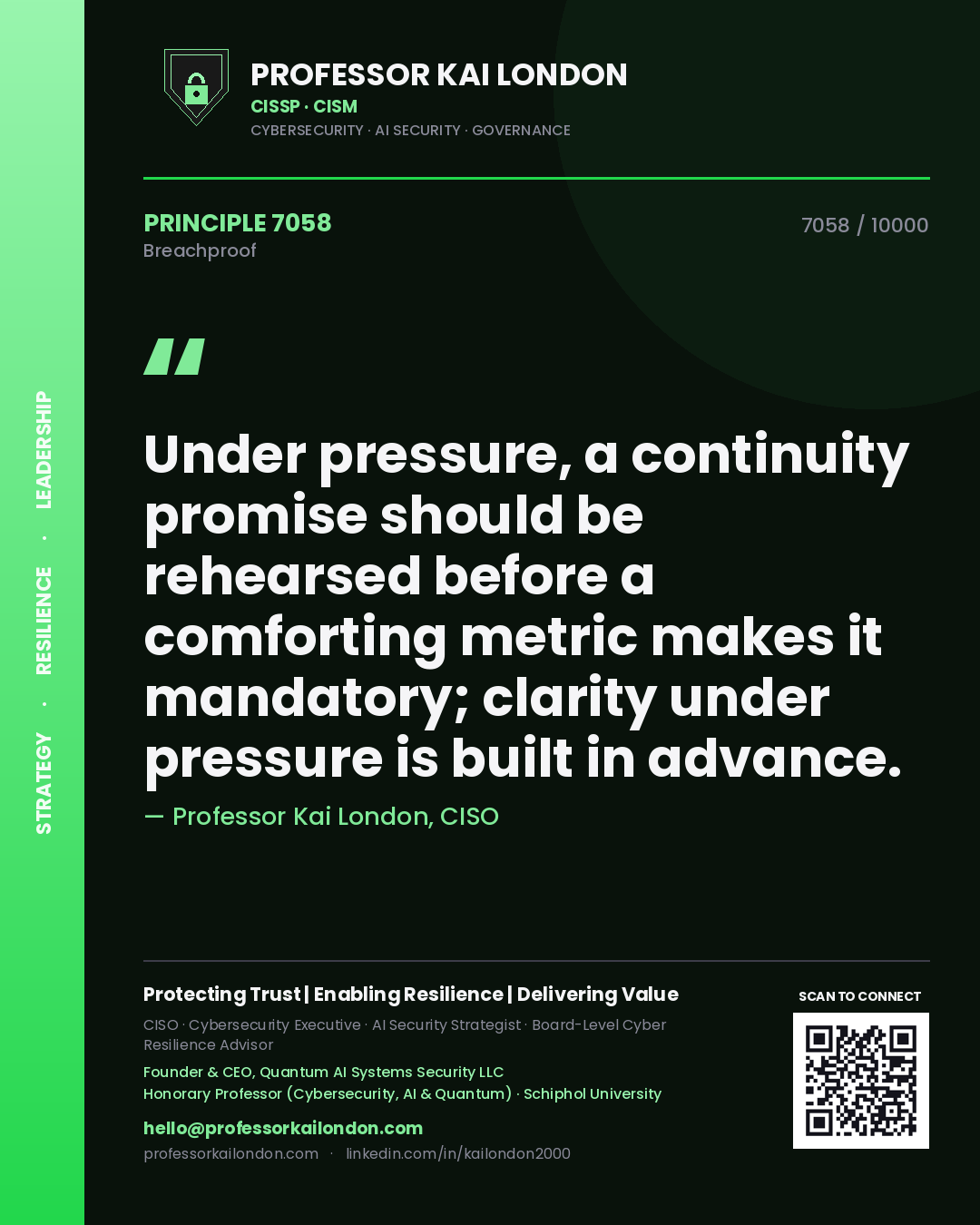 Professor Kai London principle 7058: Under pressure, a continuity promise should be rehearsed before a comforting metric makes it mandatory; clarity under pressure is built in advance.