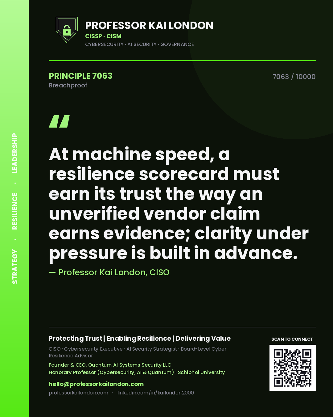 Professor Kai London principle 7063: At machine speed, a resilience scorecard must earn its trust the way an unverified vendor claim earns evidence; clarity under pressure is built in advance.