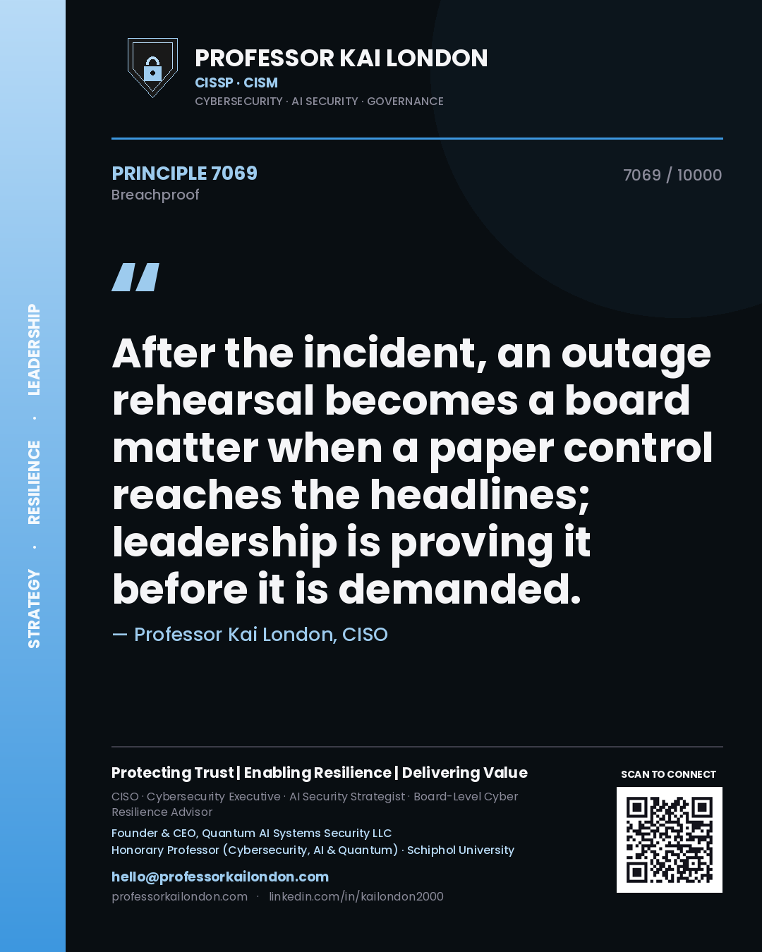 Professor Kai London principle 7069: After the incident, an outage rehearsal becomes a board matter when a paper control reaches the headlines; leadership is proving it before it is demanded.