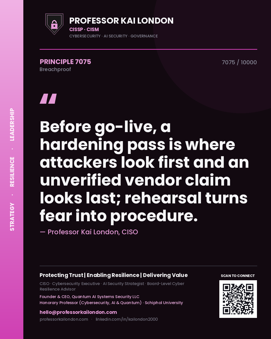 Professor Kai London principle 7075: Before go-live, a hardening pass is where attackers look first and an unverified vendor claim looks last; rehearsal turns fear into procedure.
