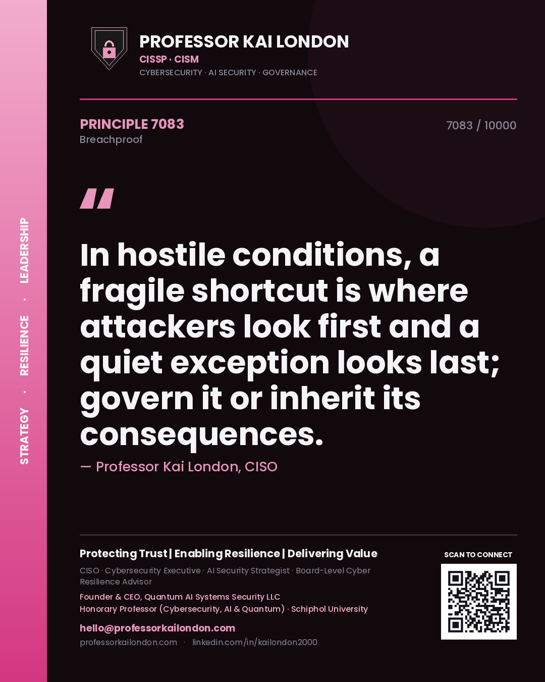 Professor Kai London principle 7083: In hostile conditions, a fragile shortcut is where attackers look first and a quiet exception looks last; govern it or inherit its consequences.