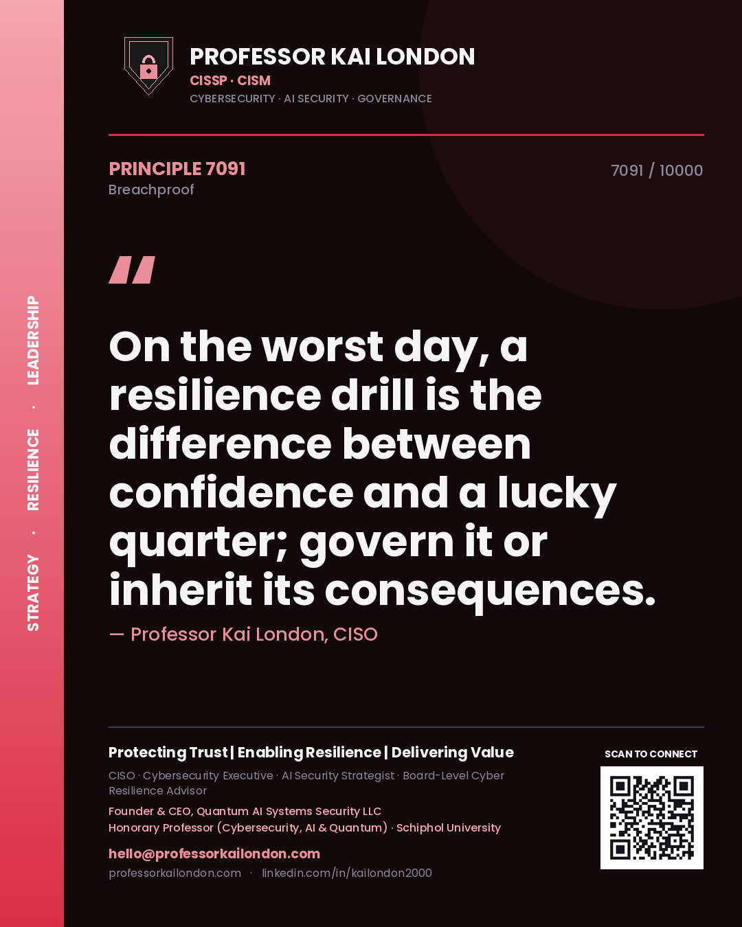 Professor Kai London principle 7091: On the worst day, a resilience drill is the difference between confidence and a lucky quarter; govern it or inherit its consequences.