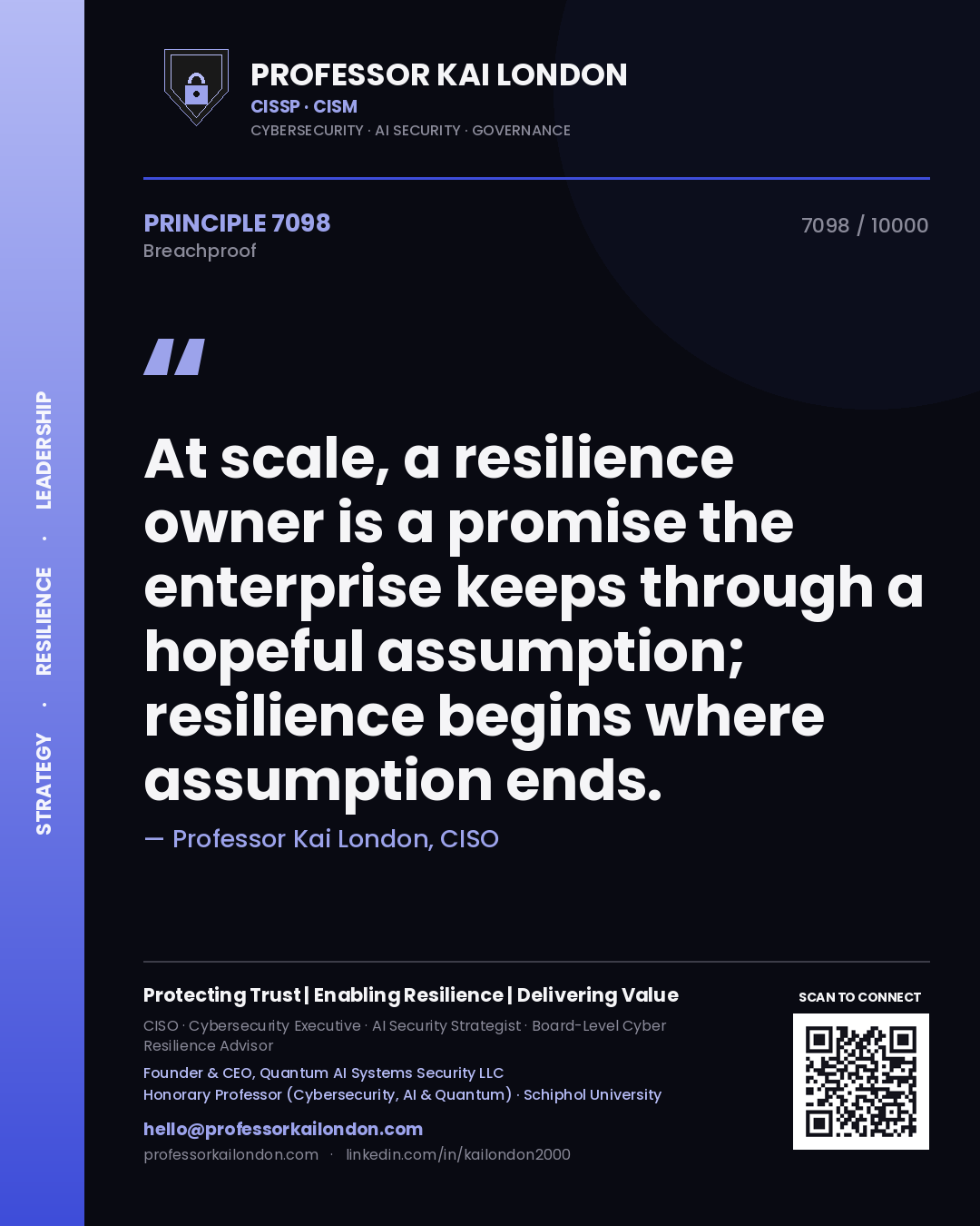 Professor Kai London principle 7098: At scale, a resilience owner is a promise the enterprise keeps through a hopeful assumption; resilience begins where assumption ends.