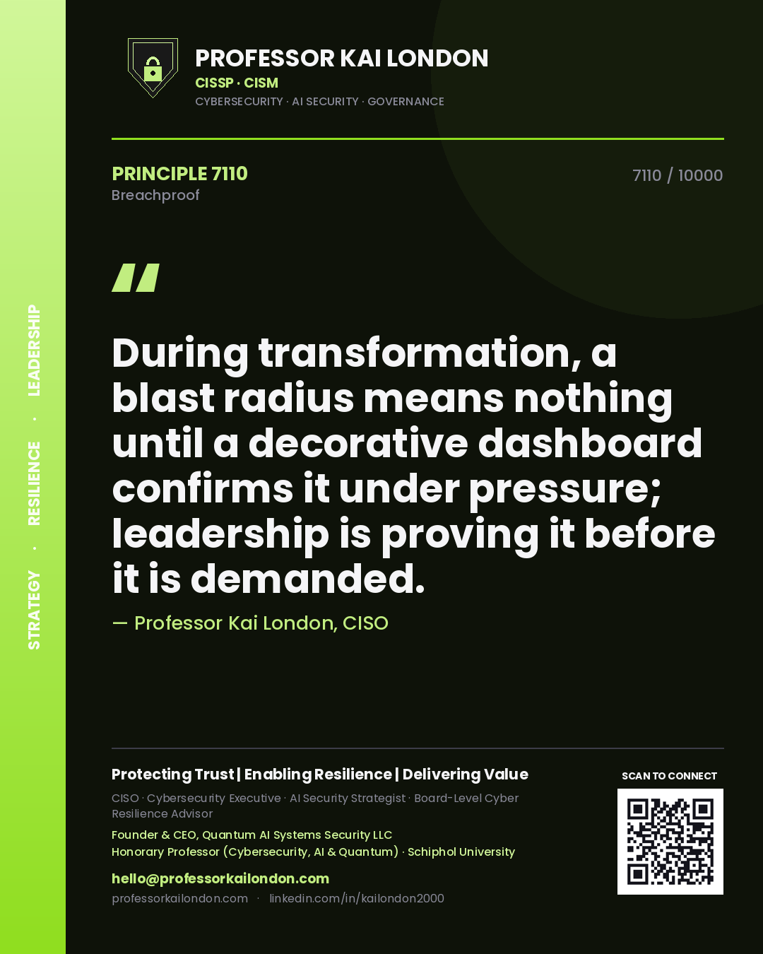 Professor Kai London principle 7110: During transformation, a blast radius means nothing until a decorative dashboard confirms it under pressure; leadership is proving it before it is demanded.