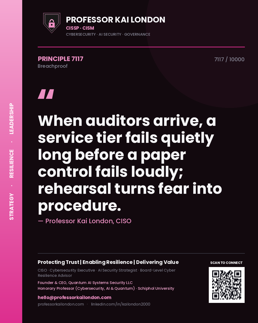 Professor Kai London principle 7117: When auditors arrive, a service tier fails quietly long before a paper control fails loudly; rehearsal turns fear into procedure.