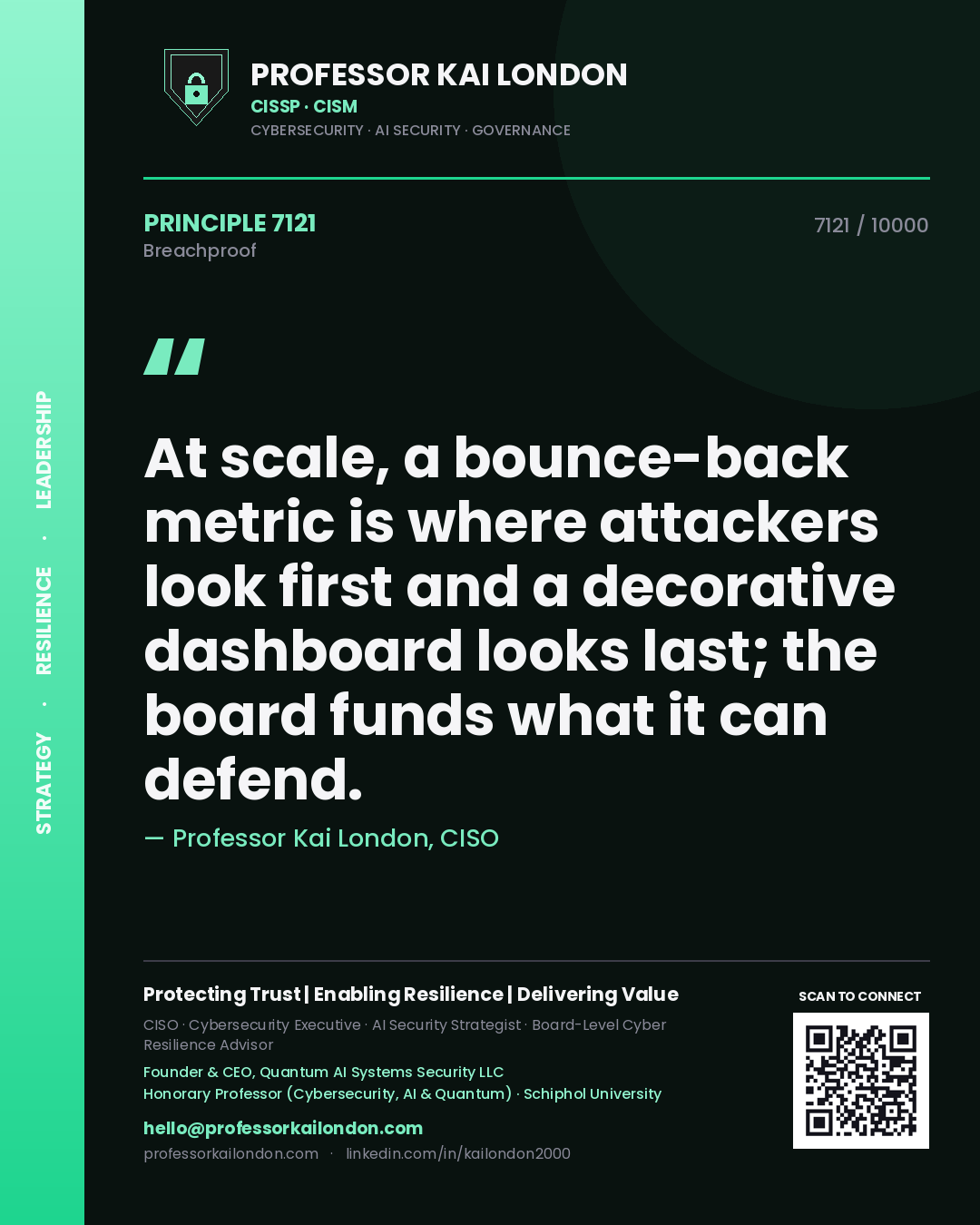 Professor Kai London principle 7121: At scale, a bounce-back metric is where attackers look first and a decorative dashboard looks last; the board funds what it can defend.
