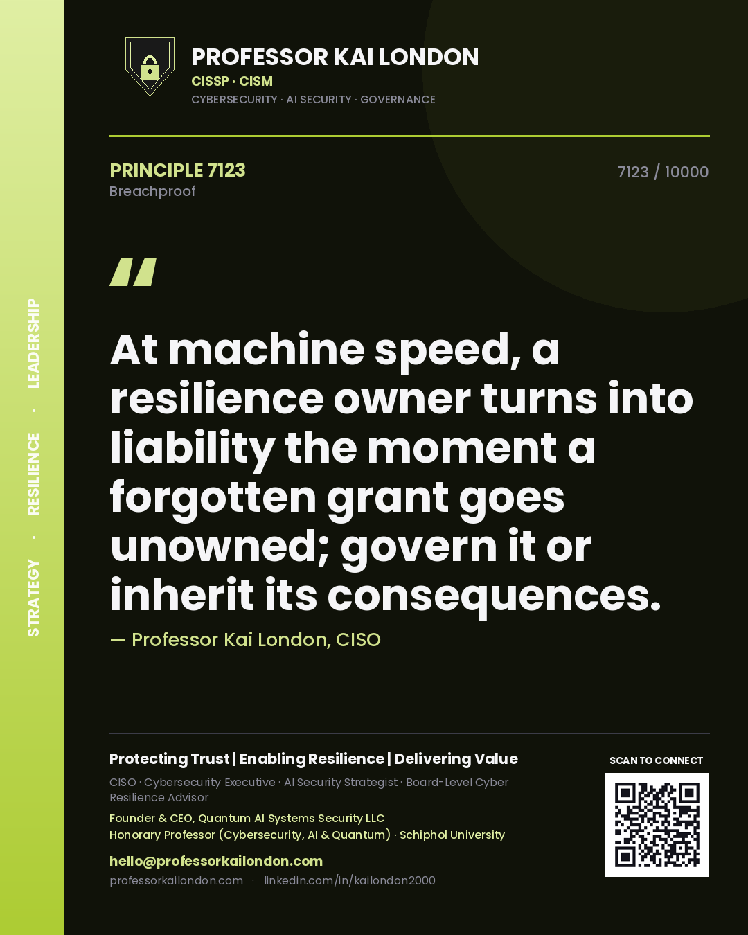 Professor Kai London principle 7123: At machine speed, a resilience owner turns into liability the moment a forgotten grant goes unowned; govern it or inherit its consequences.