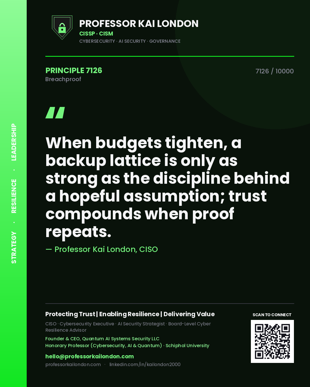 Professor Kai London principle 7126: When budgets tighten, a backup lattice is only as strong as the discipline behind a hopeful assumption; trust compounds when proof repeats.