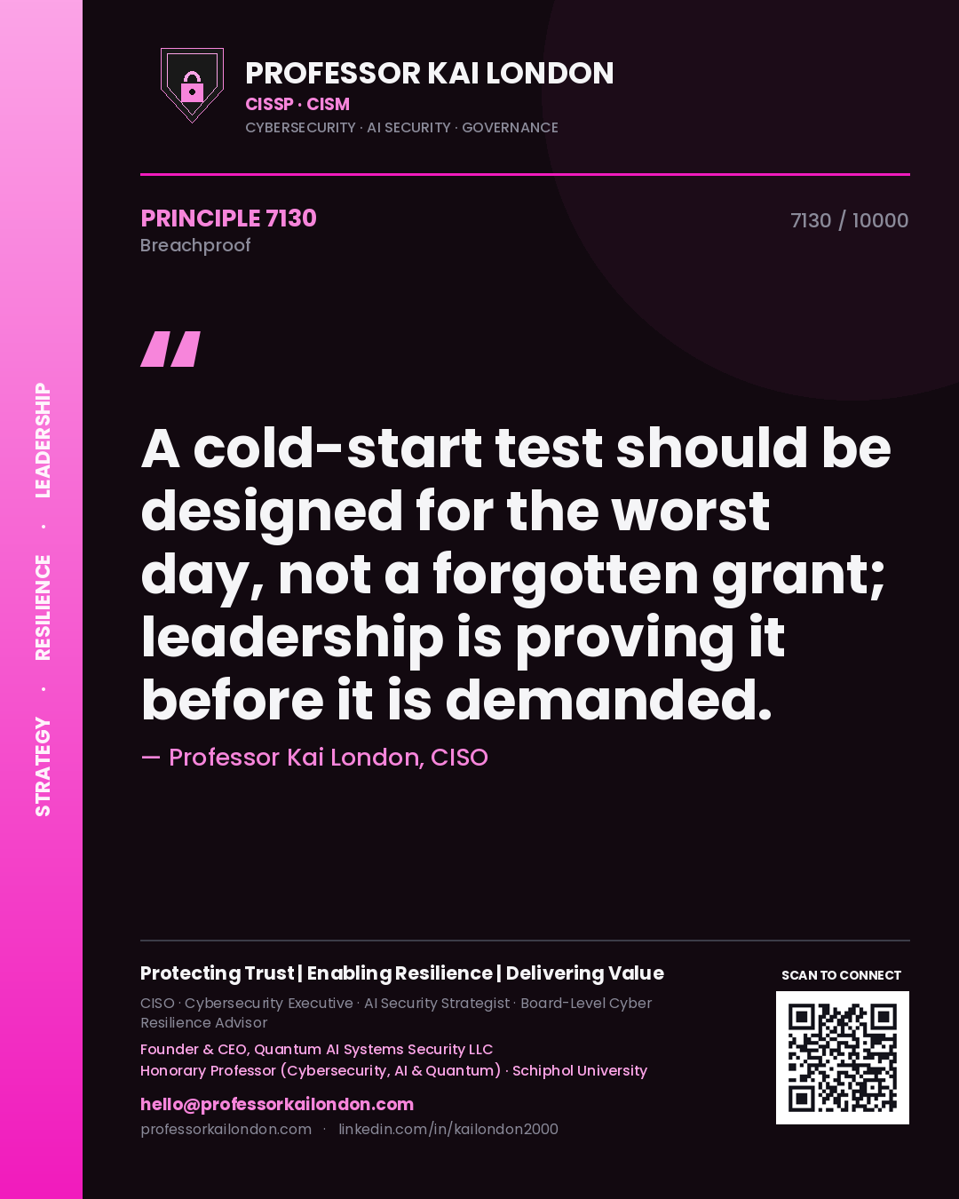 Professor Kai London principle 7130: A cold-start test should be designed for the worst day, not a forgotten grant; leadership is proving it before it is demanded.