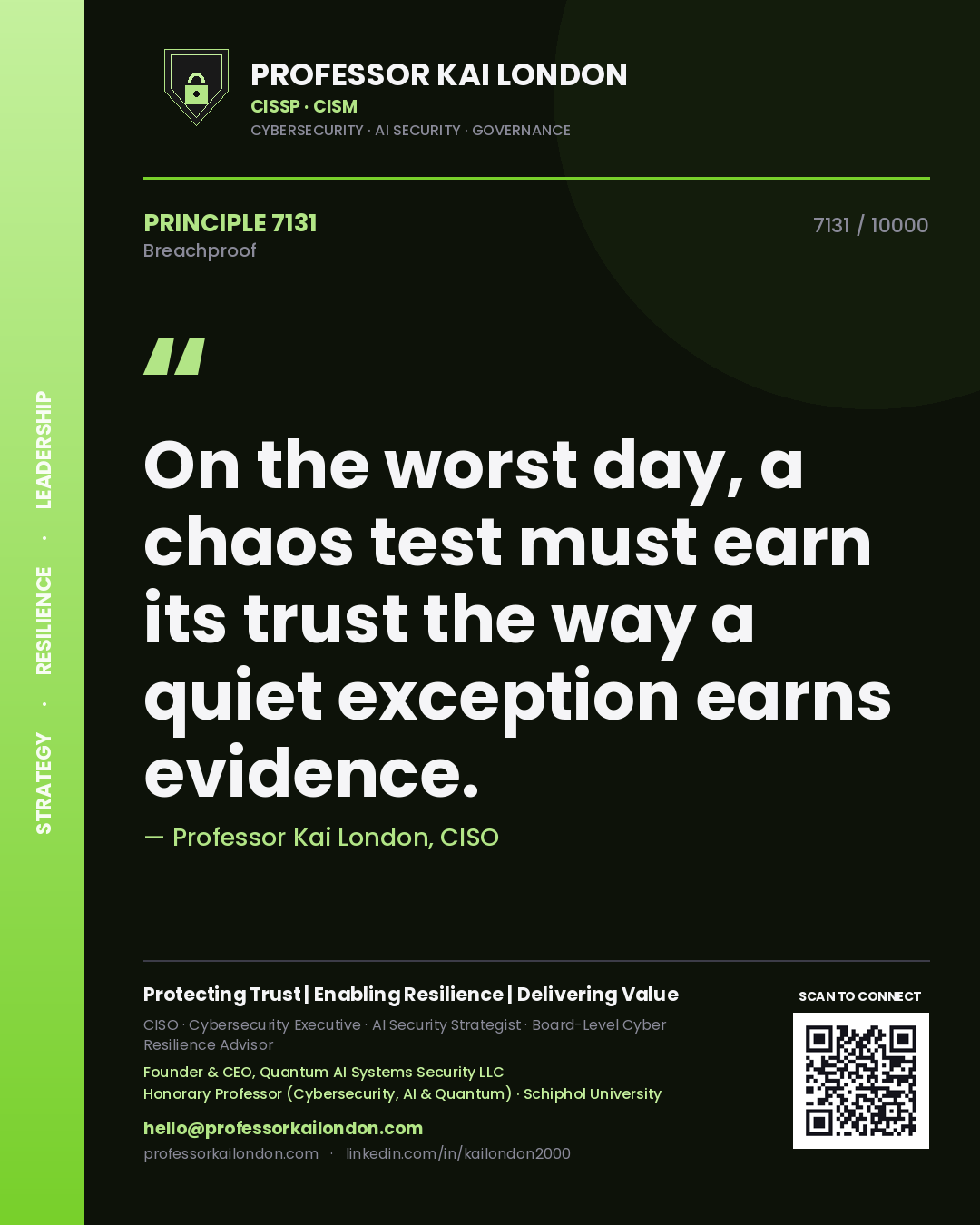 Professor Kai London principle 7131: On the worst day, a chaos test must earn its trust the way a quiet exception earns evidence.