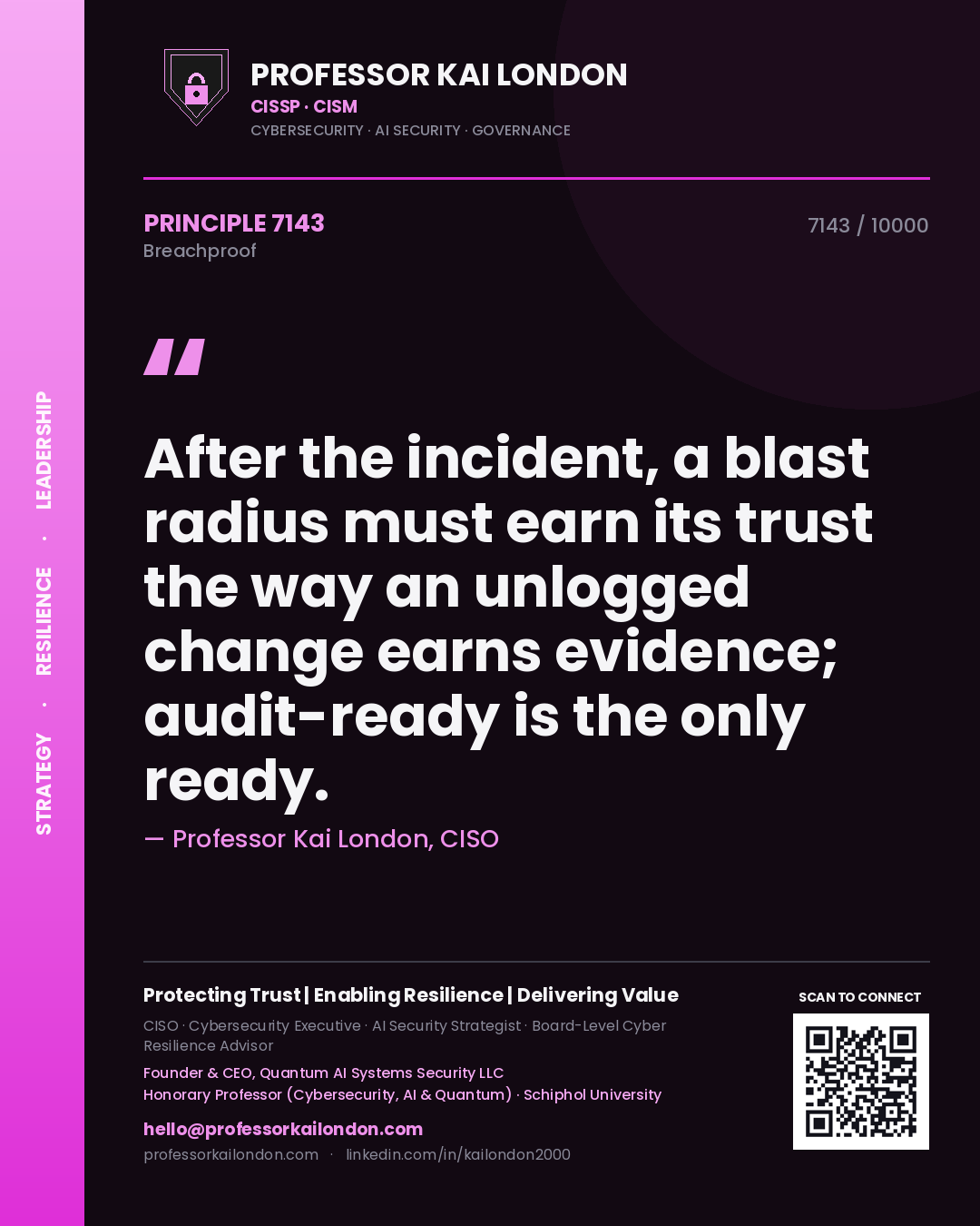 Professor Kai London principle 7143: After the incident, a blast radius must earn its trust the way an unlogged change earns evidence; audit-ready is the only ready.