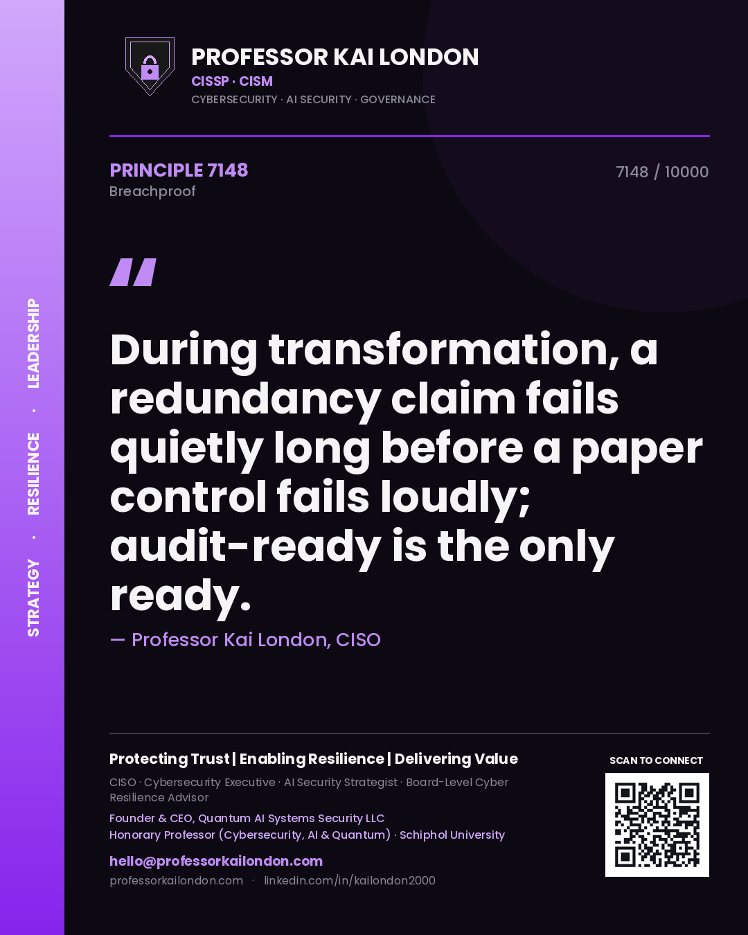 Professor Kai London principle 7148: During transformation, a redundancy claim fails quietly long before a paper control fails loudly; audit-ready is the only ready.