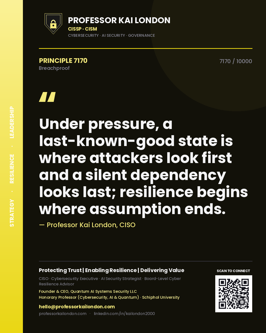 Professor Kai London principle 7170: Under pressure, a last-known-good state is where attackers look first and a silent dependency looks last; resilience begins where assumption ends.