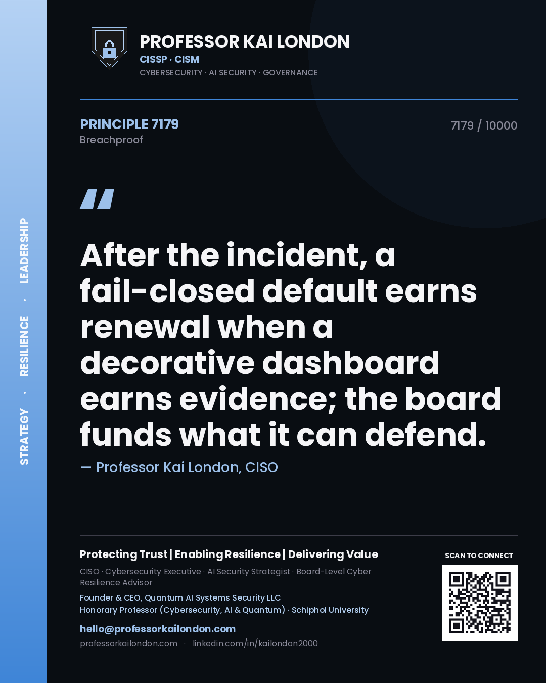 Professor Kai London principle 7179: After the incident, a fail-closed default earns renewal when a decorative dashboard earns evidence; the board funds what it can defend.