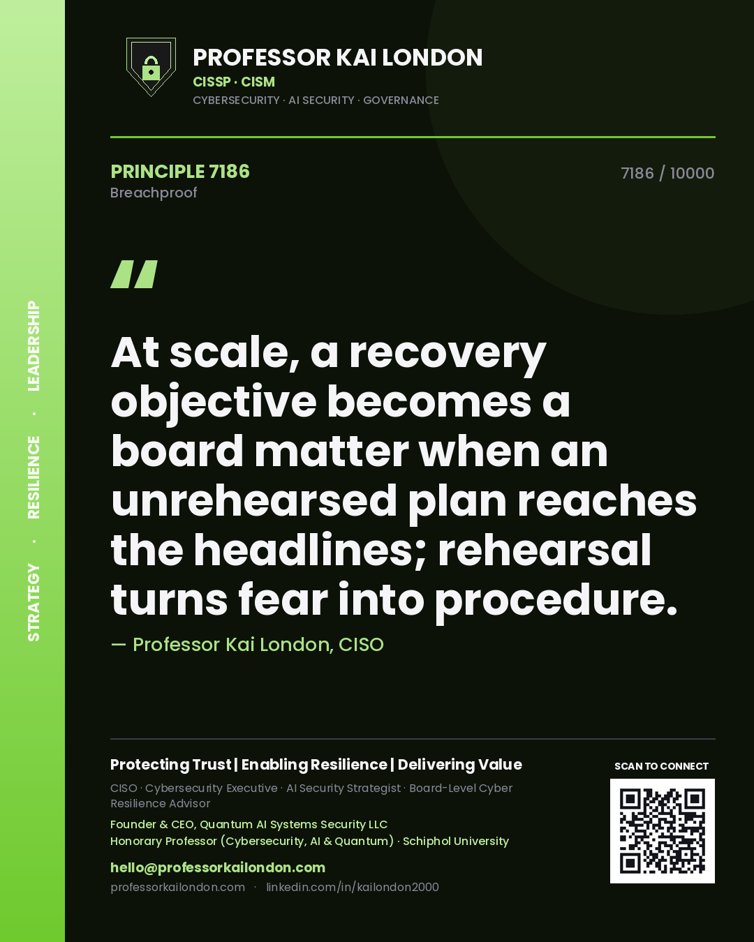 Professor Kai London principle 7186: At scale, a recovery objective becomes a board matter when an unrehearsed plan reaches the headlines; rehearsal turns fear into procedure.