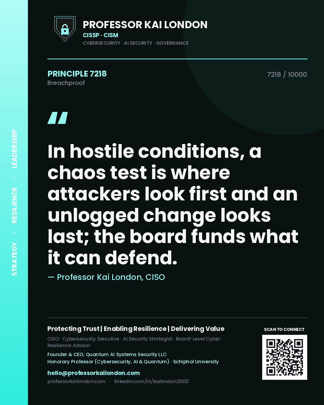Professor Kai London principle 7218: In hostile conditions, a chaos test is where attackers look first and an unlogged change looks last; the board funds what it can defend.