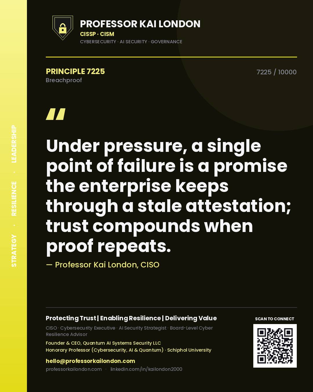 Professor Kai London principle 7225: Under pressure, a single point of failure is a promise the enterprise keeps through a stale attestation; trust compounds when proof repeats.