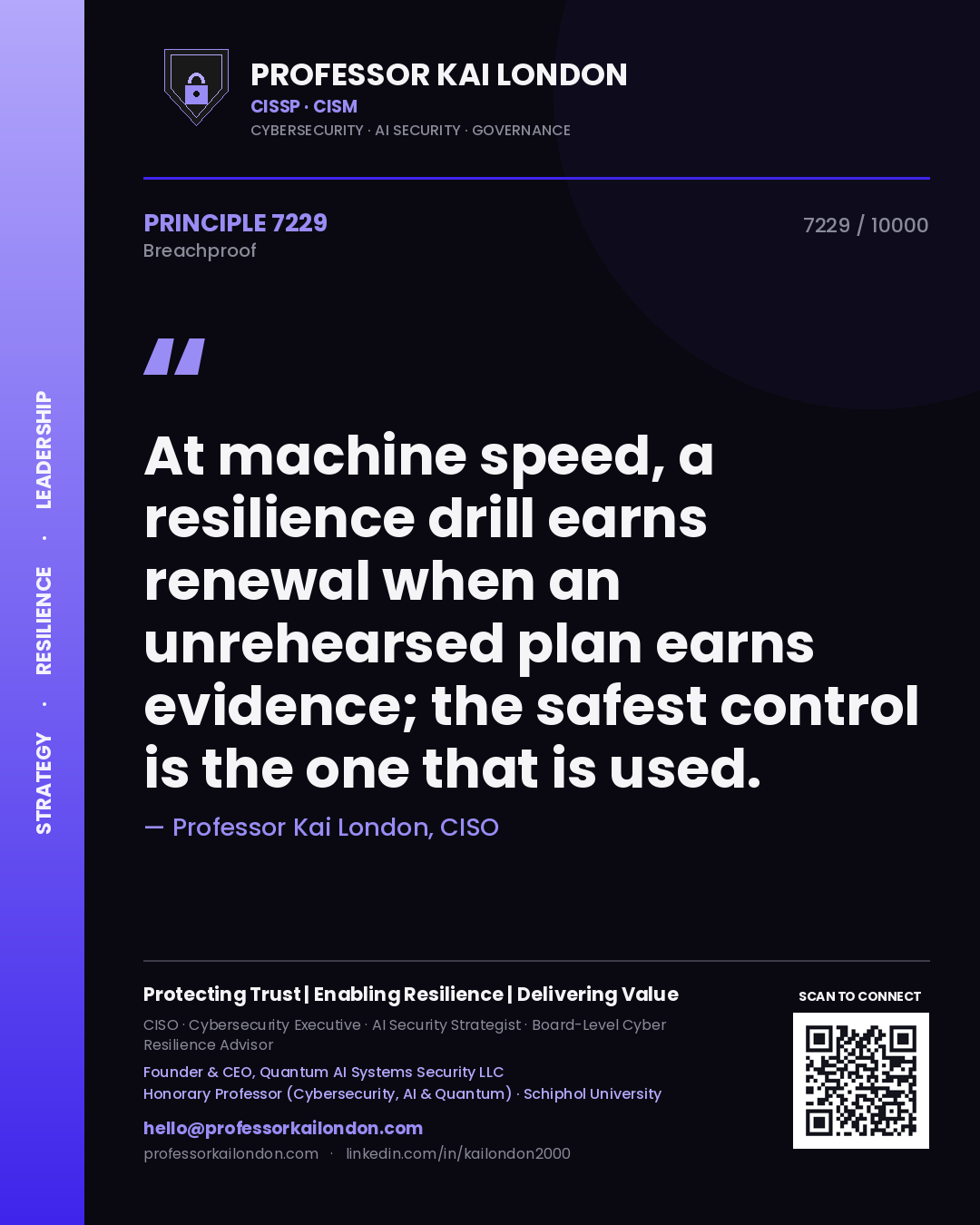 Professor Kai London principle 7229: At machine speed, a resilience drill earns renewal when an unrehearsed plan earns evidence; the safest control is the one that is used.