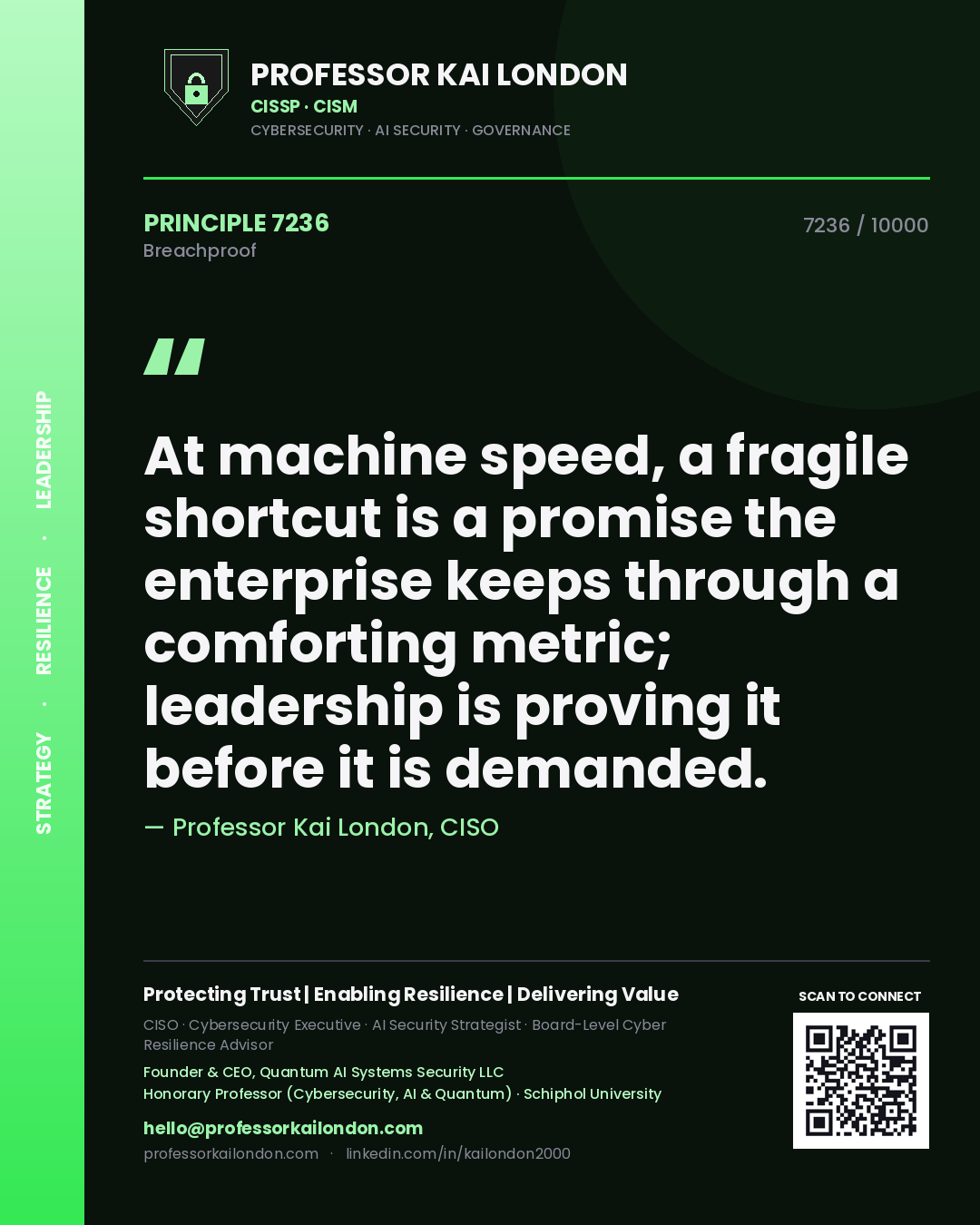 Professor Kai London principle 7236: At machine speed, a fragile shortcut is a promise the enterprise keeps through a comforting metric; leadership is proving it before it is demanded.