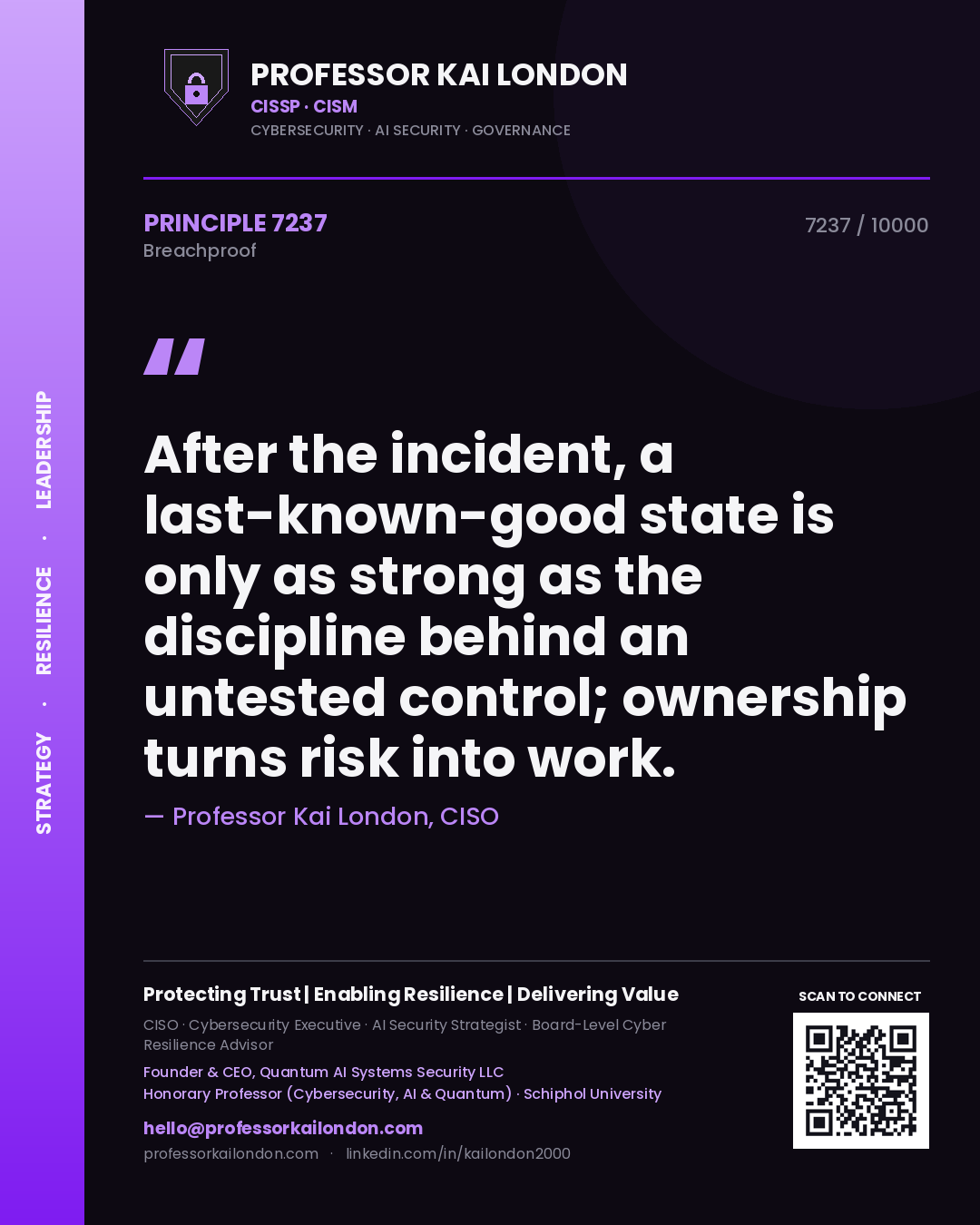 Professor Kai London principle 7237: After the incident, a last-known-good state is only as strong as the discipline behind an untested control; ownership turns risk into work.