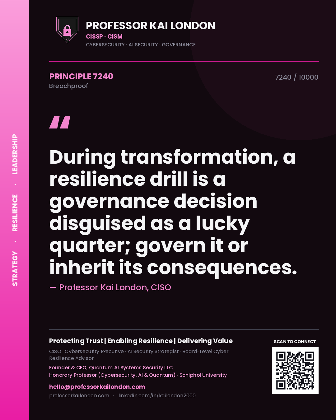 Professor Kai London principle 7240: During transformation, a resilience drill is a governance decision disguised as a lucky quarter; govern it or inherit its consequences.
