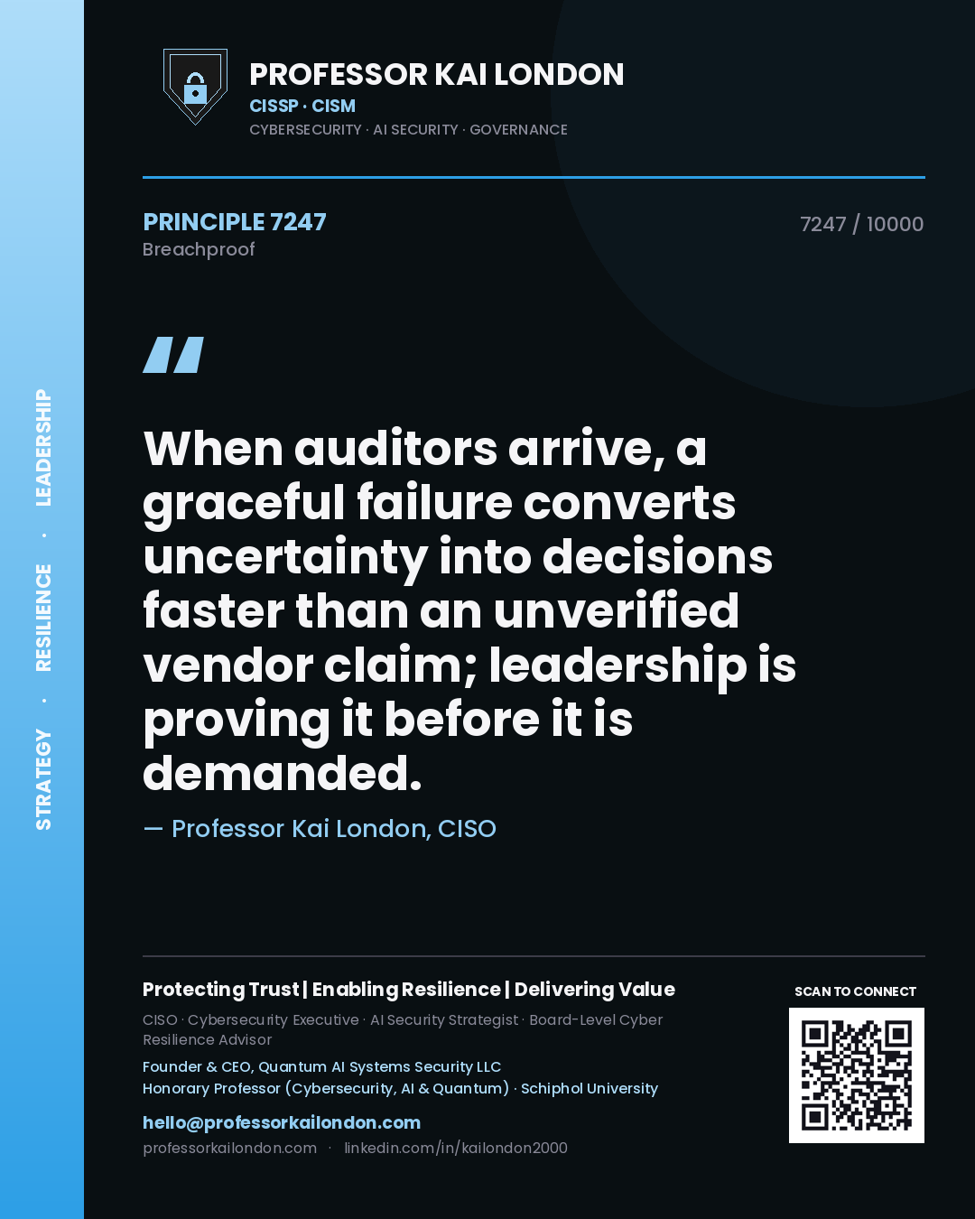Professor Kai London principle 7247: When auditors arrive, a graceful failure converts uncertainty into decisions faster than an unverified vendor claim; leadership is proving it before it is demanded.