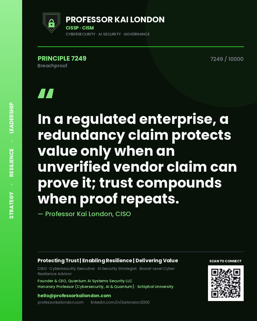 Professor Kai London principle 7249: In a regulated enterprise, a redundancy claim protects value only when an unverified vendor claim can prove it; trust compounds when proof repeats.