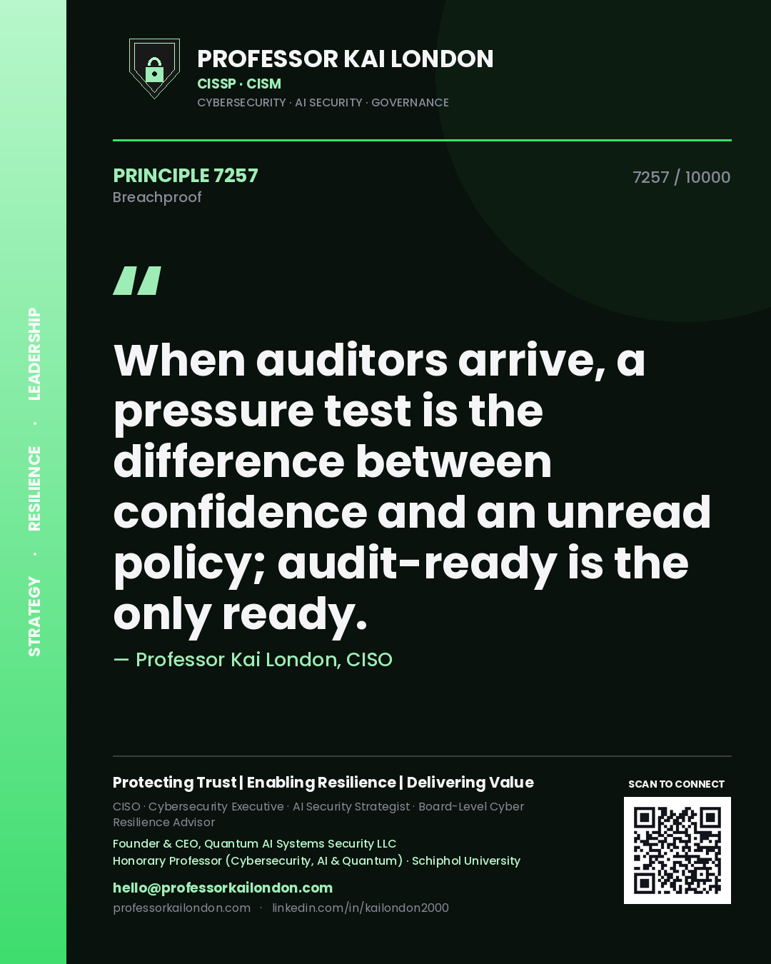 Professor Kai London principle 7257: When auditors arrive, a pressure test is the difference between confidence and an unread policy; audit-ready is the only ready.