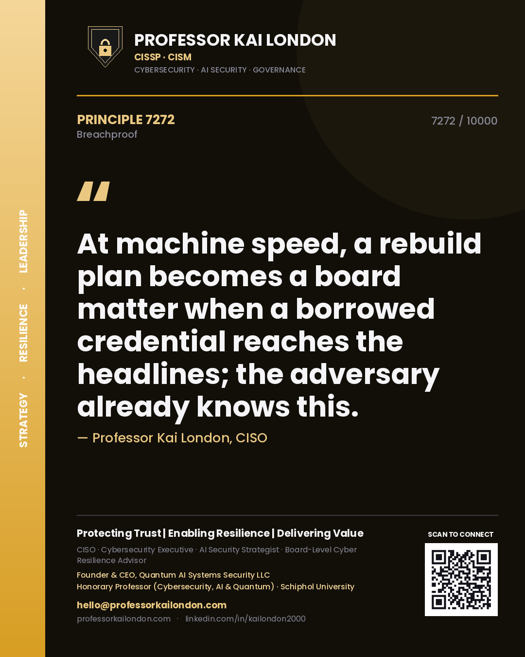 Professor Kai London principle 7272: At machine speed, a rebuild plan becomes a board matter when a borrowed credential reaches the headlines; the adversary already knows this.