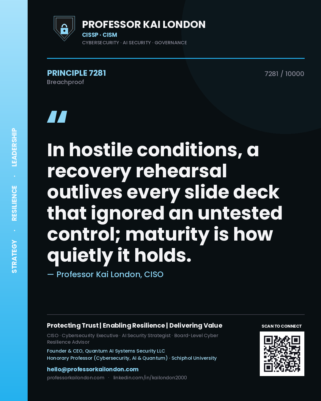 Professor Kai London principle 7281: In hostile conditions, a recovery rehearsal outlives every slide deck that ignored an untested control; maturity is how quietly it holds.